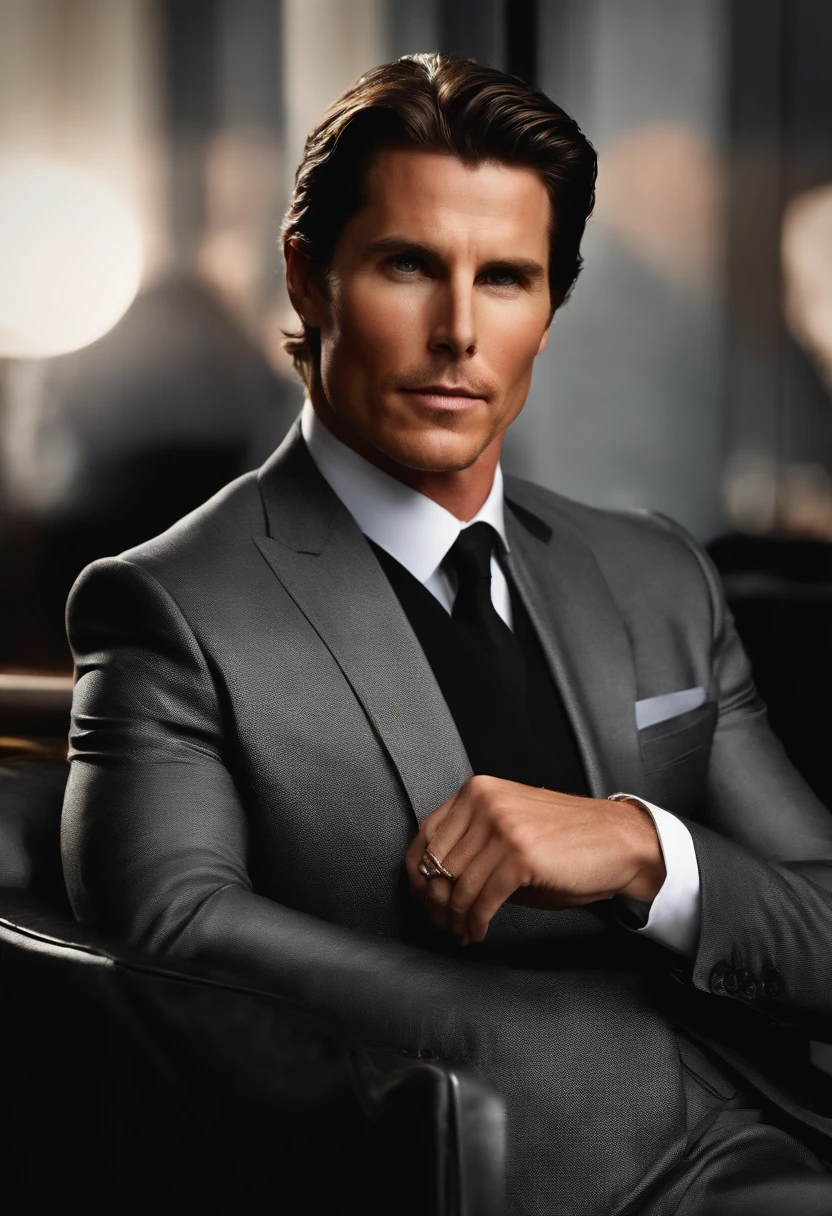 A close-up of a custom monogrammed business card with a sharp, metallic finish,original,tall, muscular, well groomed with short stylish hair. always wearing designer business suits. looks like christian bale