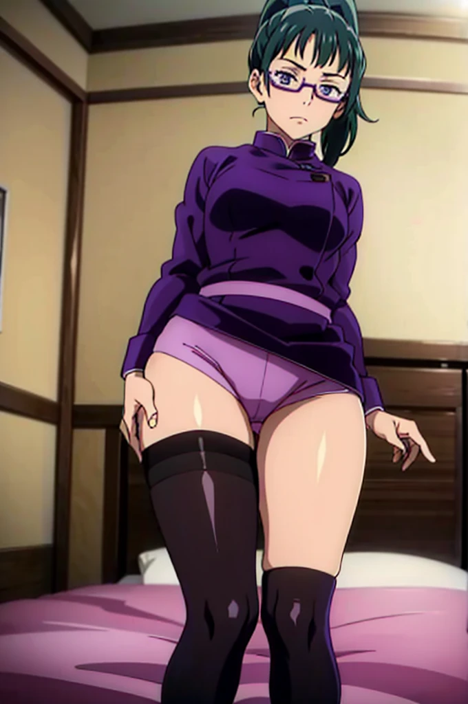 masterpiece,high quality,solo, MakiZenin,1girl,looking at viewer, on bed, ((thigh sex)), purple shirt, pantyhose, ponytail