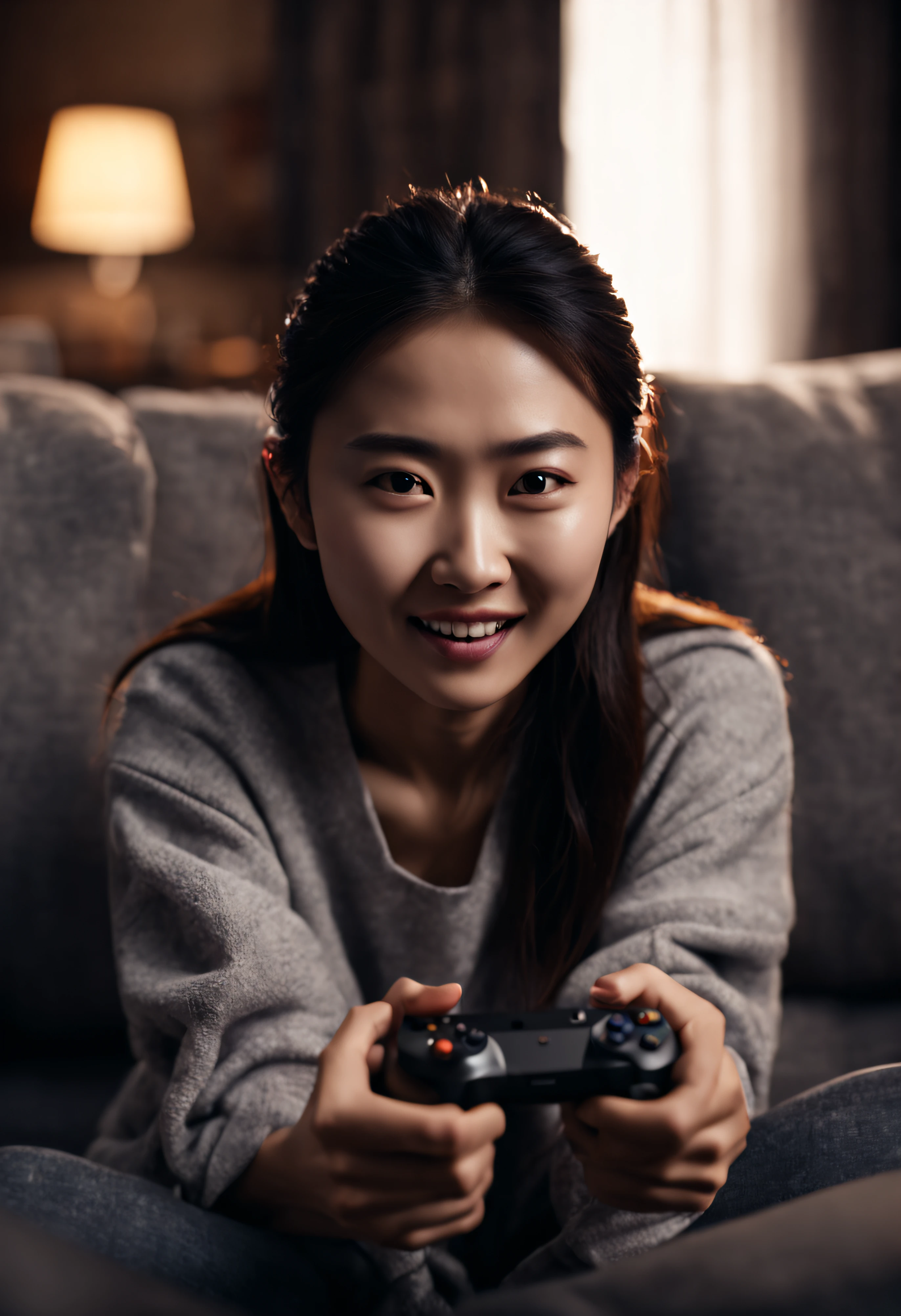 photograph close up portrait of Young Chinese woman playing video game on sofa,happy,excited, cinematic 4k epic detailed 4k epic detailed photograph shot on kodak detailed bokeh cinematic hbo dark moody