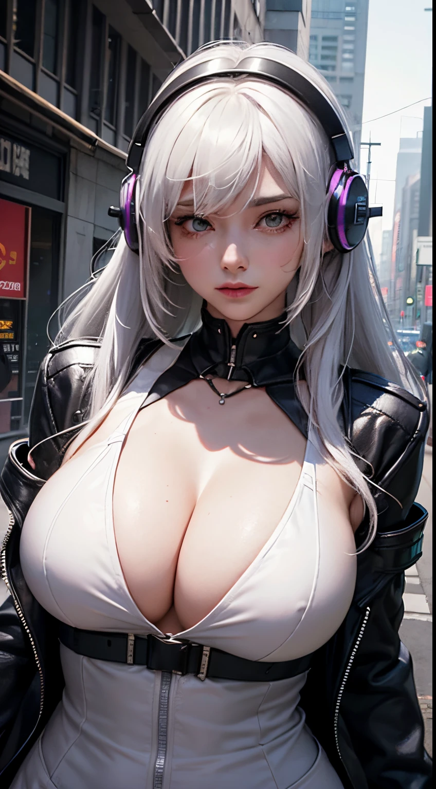 1 plump girl, White hair, Long gray hair, A masterpiece of technological clothing, Best quality at best, actual, Endless realism, Dark purple coat, sporty attire, A detailed eye, with headphones on, White blonde hair, 21-year-old girl, Stylish pose, Half a body, wide - angle shot, Have on the street, cyber punk personage,Colossal tits,Huge cleavage