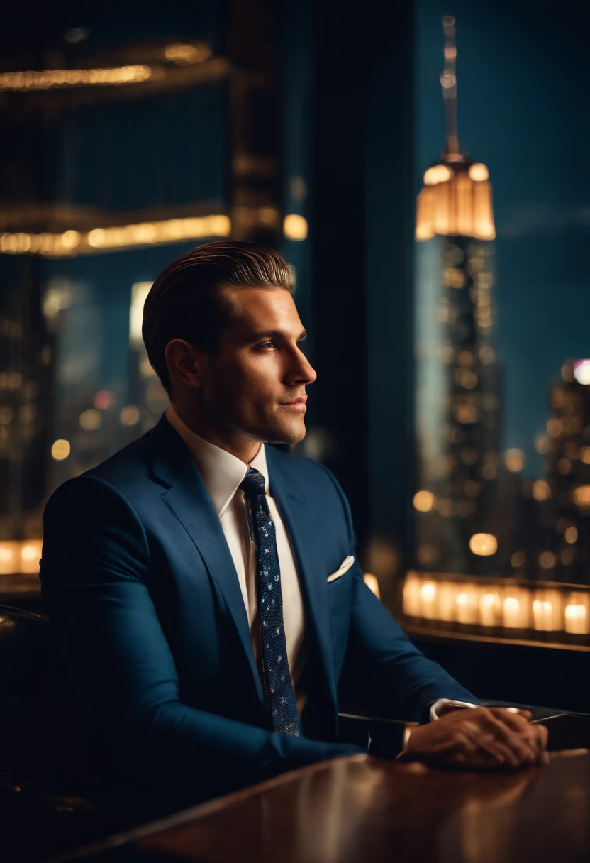 A photo of Finance Bro sitting at a VIP table in an exclusive club with a view of the Manhattan skyline in the background,original,30 years old, masculine, near comb over hair, wears a navy suit with a tie, walks around New York City