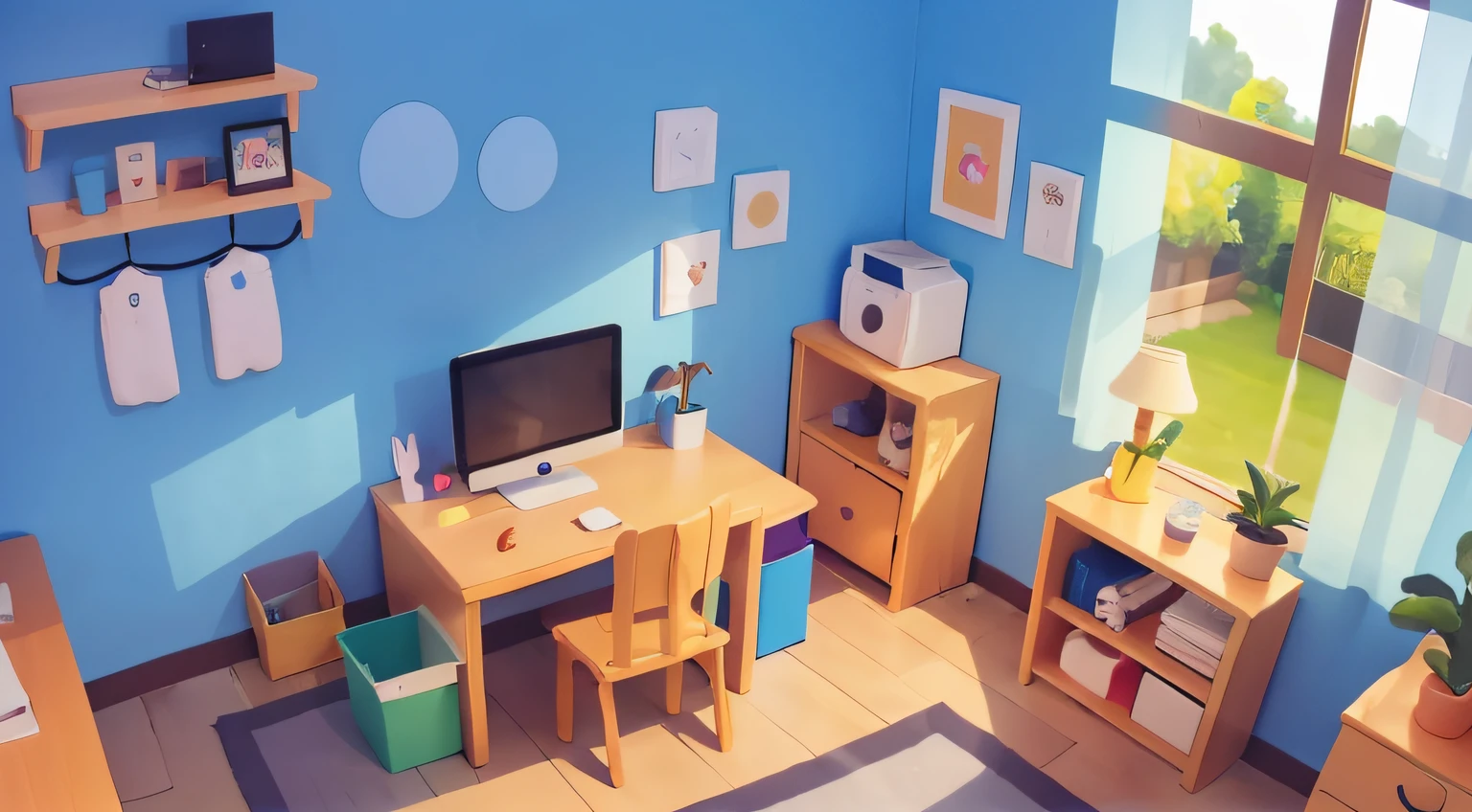 Model house、No one、stable composition、Eye view、childs room、Small desk、Small cabinets、plushies、natural color