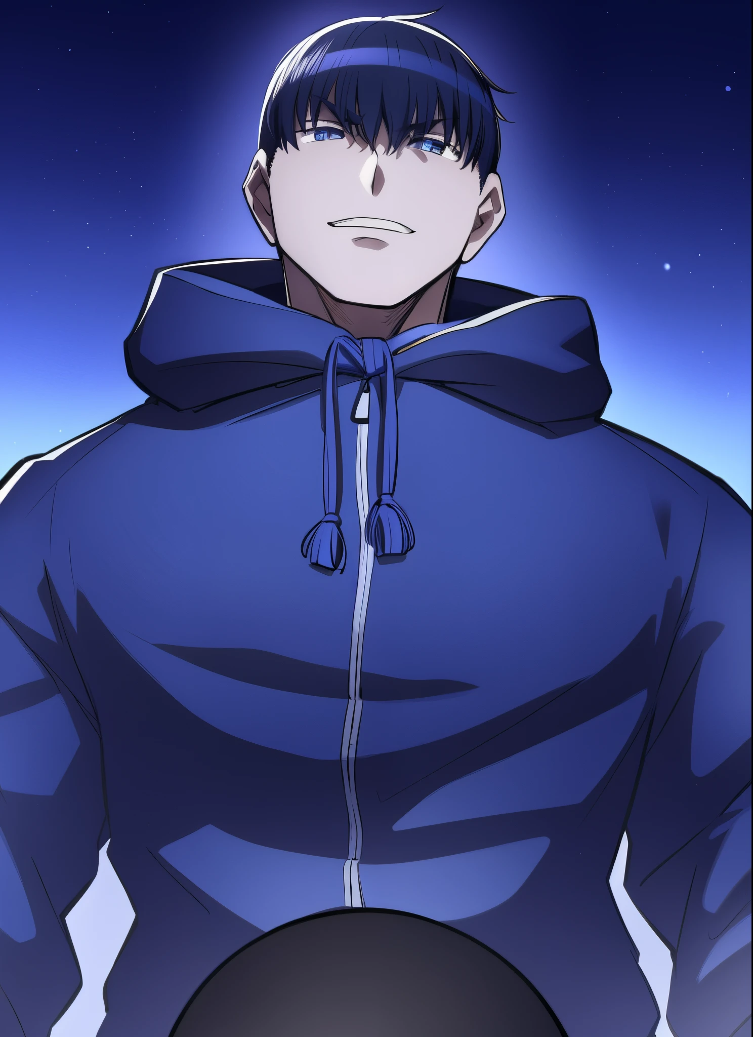 imagem de anime de um homem com capuz e uma bola de basquete, com capuz, Arte Oficial, cara de anime alto com olhos azuis, kentaro miura manga art style, kentaro miura manga style, random background scene, inspired by Itō Ogura Yonesuke, foto de perfil 1024px, menacing stare, como um personagem de anime