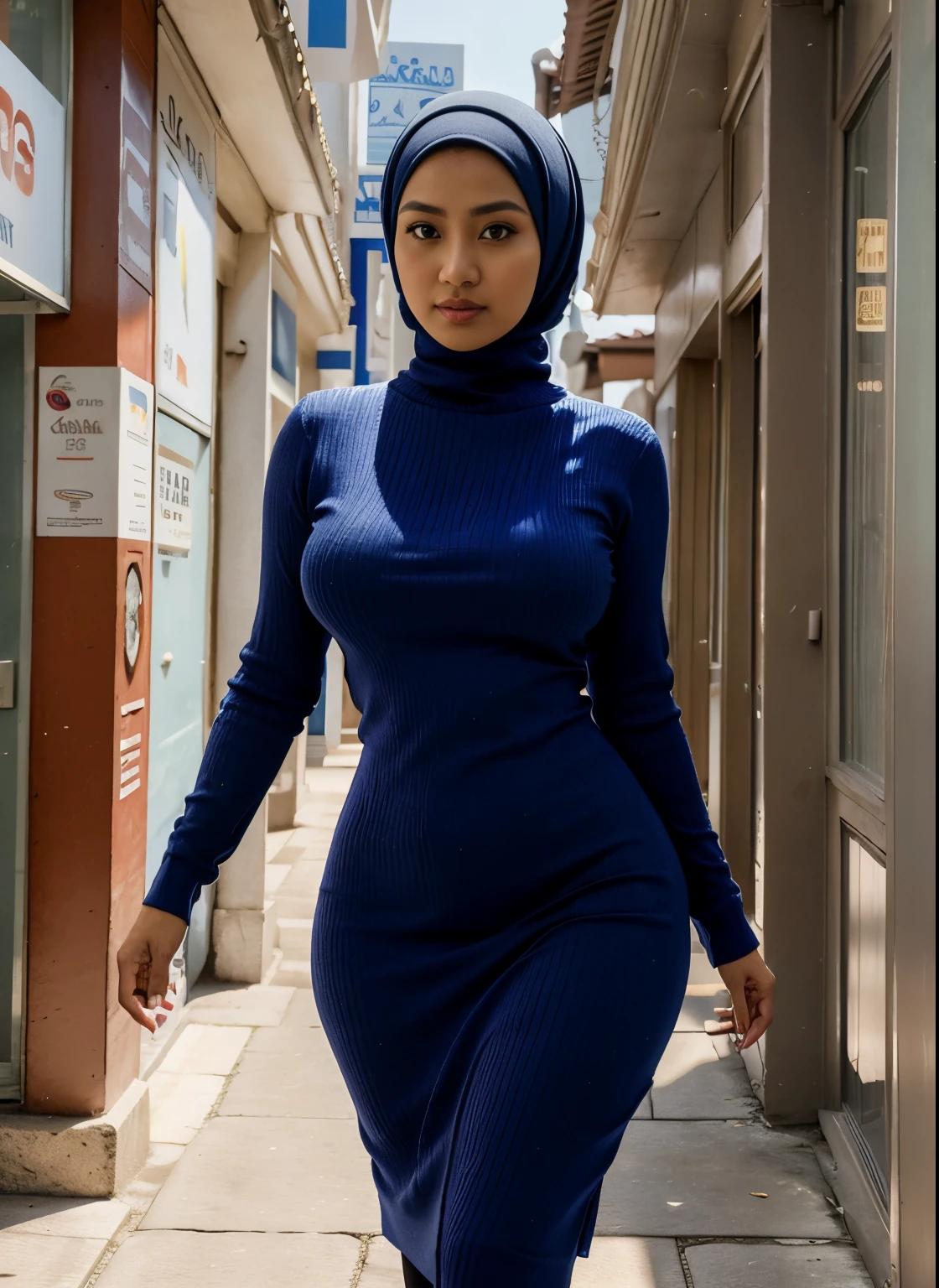 25 year old mature Malay girl in hijab and blue Mock Neck Ribbed Knit Bodycon Dress & Open Front Jacket walking around in a crowded place, (bokeh),big breasts, professional photography, beautiful girl, big breasts, big breasts, small waist, slim stomach , wide hips, thick, thigh-high, bright lighting, blurred background, morning scene, professional photography