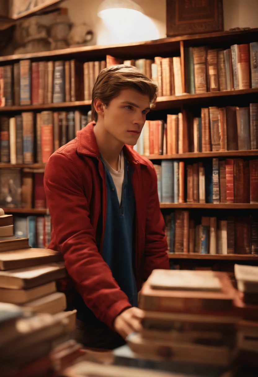 A photo of Nathan at a vintage book store, angrily flipping through a stack of books,Life is Strange video game series,Nathan is a teenage boy with blue eyes, slicked back light brown hair, light freckles, wears a red letterman jacket, mean expression