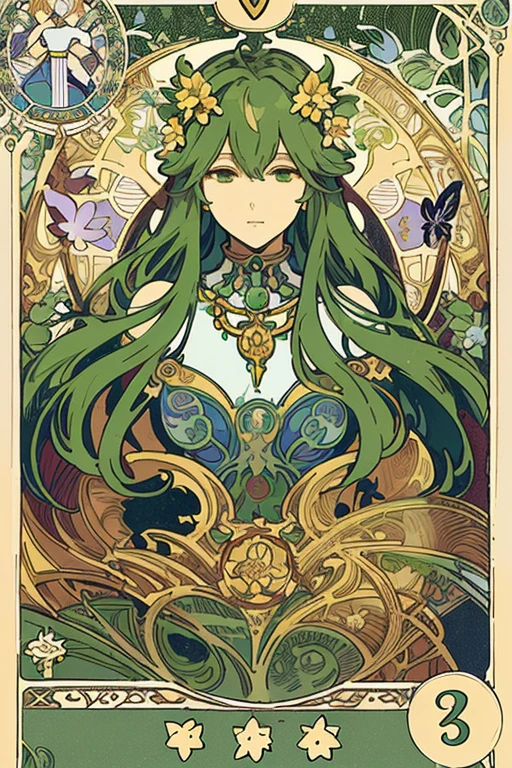 tmasterpiece、topquality、Alphonse Mucha、Jugendstil、
 (Tarot card style:1.3)、Unique Tarot Card Structure, including floral and green elements、Upper torso、looking at the viewers、
In the middle of a green garden、The Mysterious Girl 、Dance with Unearthly Creatures。
roses、lily、Cherry treesleaves、moss、vine、Elegant dresses, Inspired by nature、Necklace with flowers and leaves、hair ornaments、Butterflies、bird、bee、Tarot symbols, Reimagined with floral and green ornaments、godesses、Flower Garden、woods、Natural background, like a, For example, shore of the lake、Efficient use of light and shadow、
Realistic & ultra realisic, kindness