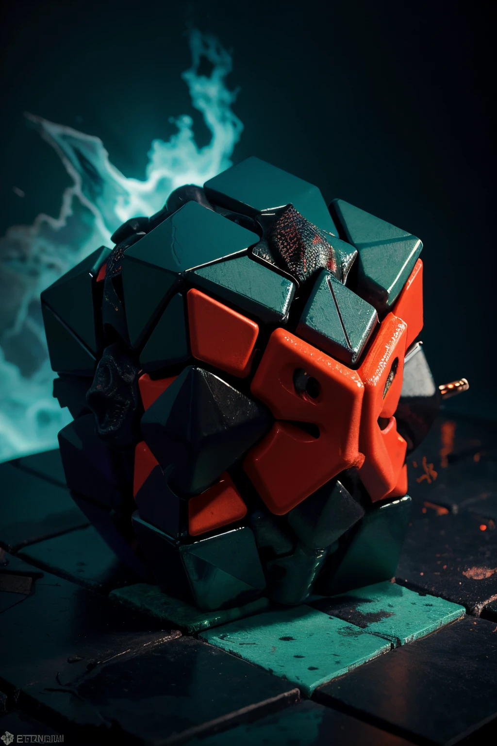 Monstro em forma de cubo, isometric, mitos de Cthulhu,especializado em surrealismo, Futuristic , coral, mago, abstracted, escuro, vermelho, inferno, alta qualidade, 4k, ultrarealista
