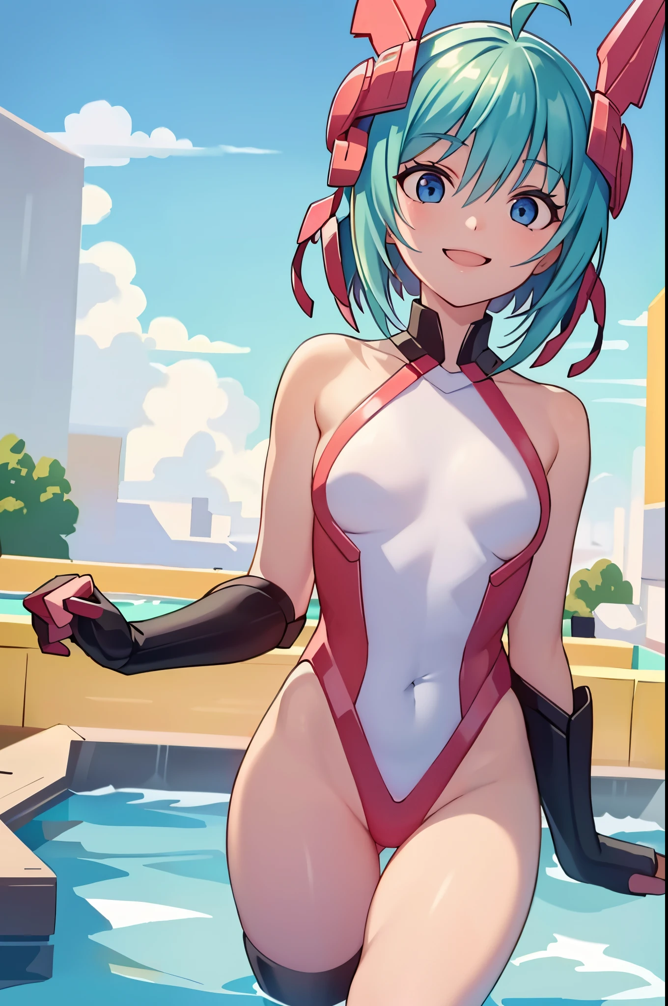 1girl, (best quality,4k,8k,highres,masterpiece:1.2),ultra-detailed,realistic,beautiful detailed eyes,beautiful detailed lips,extremely detailed eyes and face,longeyelashes, dark pink swimsuit,green hair, short hair,big eyes, blue eyes,red mecha headgear,small breasts,smiling,piscina,sharp focus,vivid colors, full body in frame