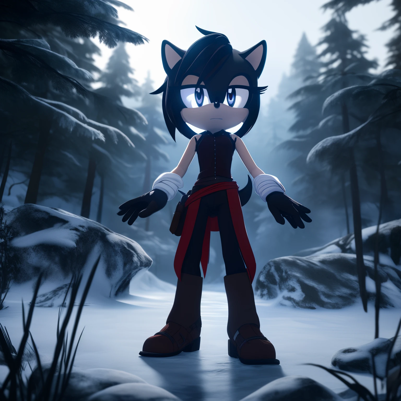 rubyrose, ruby rose, black hair, short hair, (grey eyes:1.5), ((Mobian)), ((Hedgehog)), ((Ruby Rose as a Mobian)), outdoors, night, nature, forest, looking at viewer, (cowboy shot:1.5), ((masterpiece:1.2), best quality, high resolution, unity 8k wallpaper, (illustration:0.8), (beautiful detailed eyes:1.6), extremely detailed face, perfect lighting, extremely detailed CG, (perfect hands, perfect anatomy))