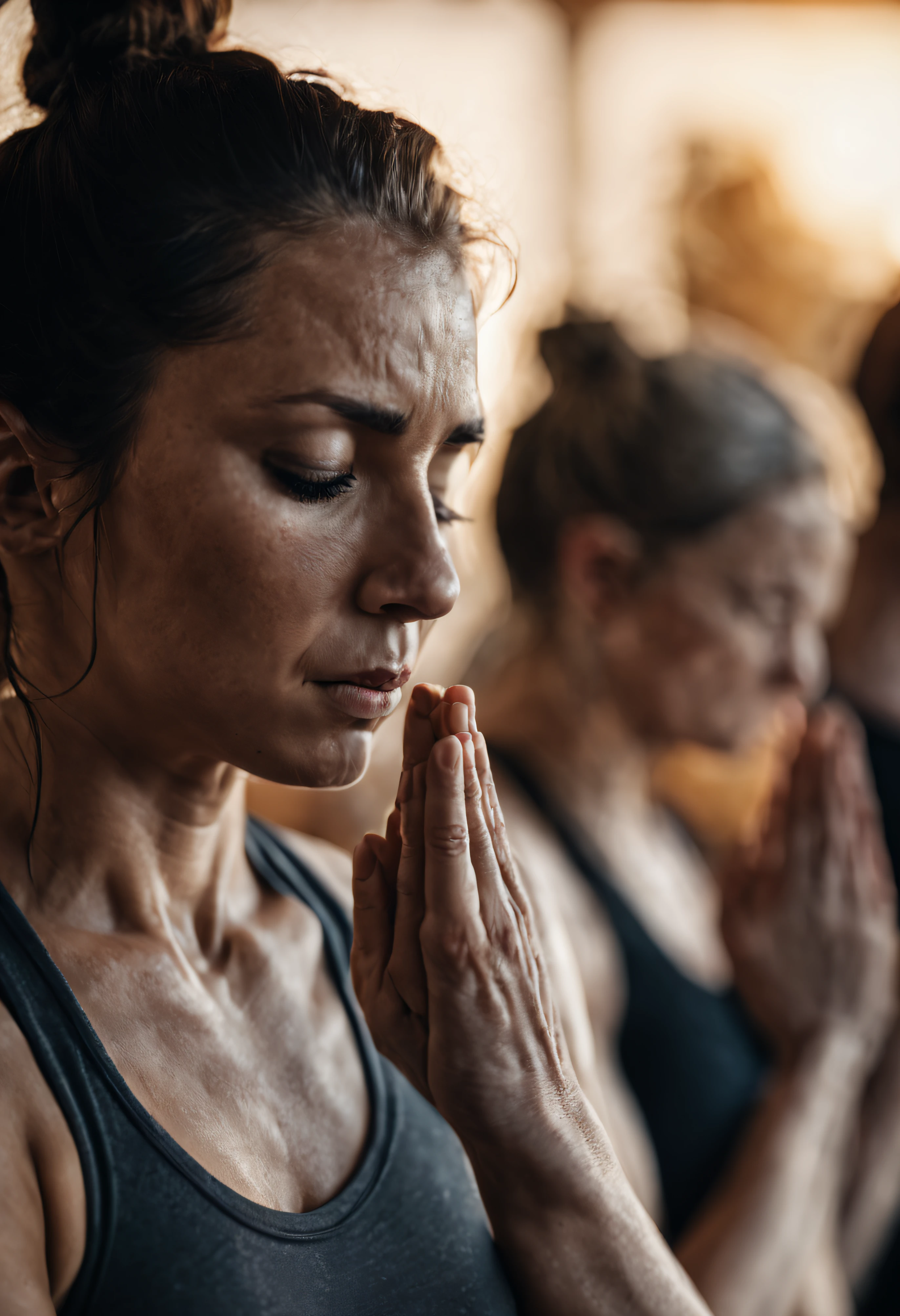 photograph close up portrait of A woman with her eyes closed and hands together in prayer, sweating during a hot yoga class, cinematic 4k epic detailed 4k epic detailed photograph shot on kodak detailed bokeh cinematic hbo dark moody