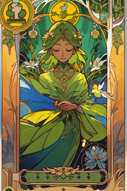 tmasterpiece、topquality、Alphonse Mucha、Jugendstil、
 (Tarot card style:1.3)、Unique Tarot Card Structure, including floral and green elements、Upper torso、looking at the viewers、
In the middle of a green garden、The Mysterious Girl 、Dance with Unearthly Creatures。
roses、lily、Cherry treesleaves、moss、vine、Elegant dresses, Inspired by nature、Necklace with flowers and leaves、hair ornaments、Butterflies、bird、bee、Tarot symbols, Reimagined with floral and green ornaments、godesses、Flower Garden、woods、Natural background, like a, For example, shore of the lake、Efficient use of light and shadow、
Realistic & ultra realisic, kindness