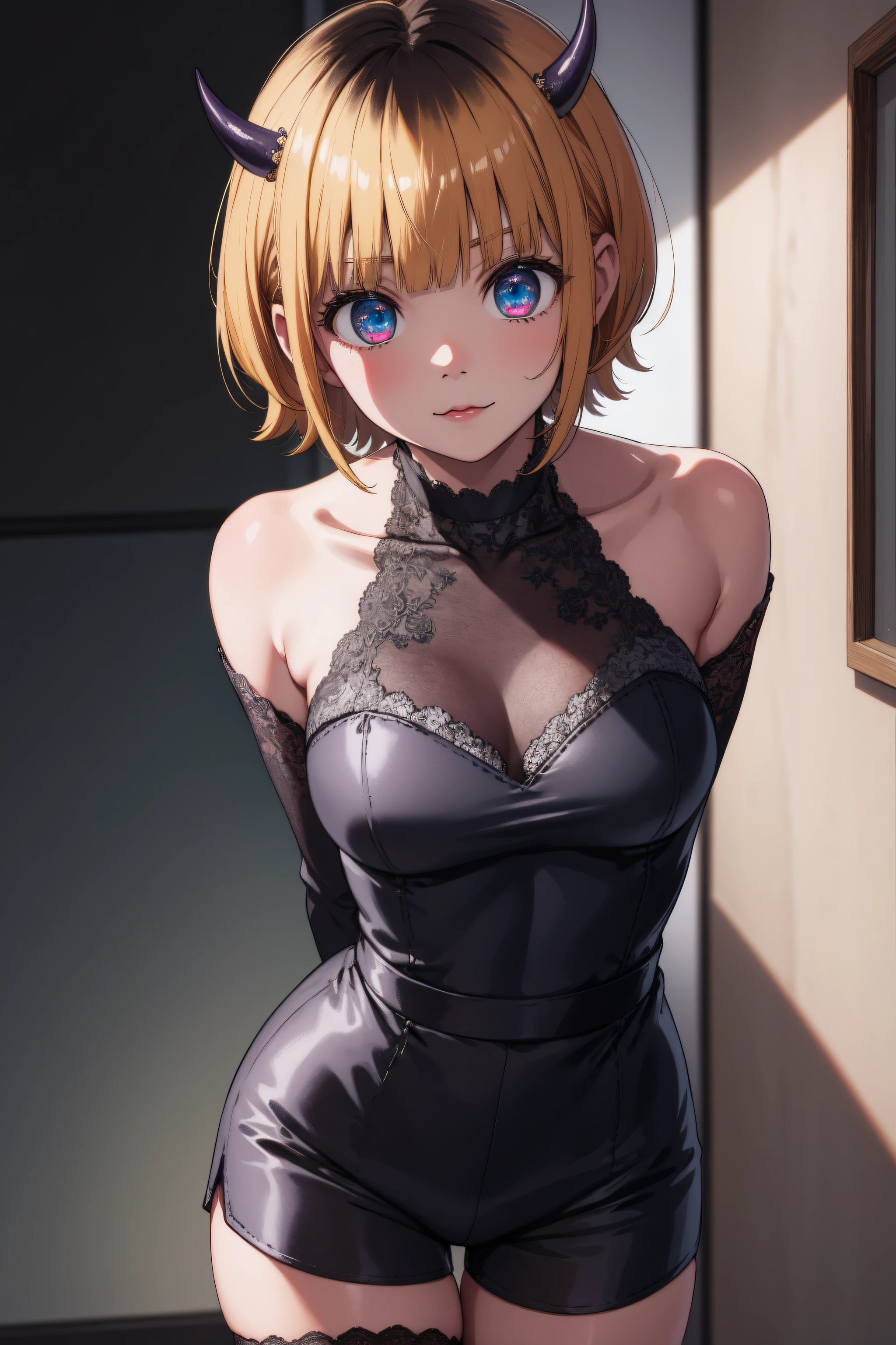 memcho, memcho, blonde hair, blue eyes, blunt bangs, demon horns, fake horns, horns, short hair,
BREAK halterneck, see-through, blue necktie, black shorts, bare shoulders, white dress, detached sleeves, thigh strap,
BREAK looking at viewer,standing, leaning forward, (arms behind back:1.2),
BREAK indoors,
BREAK (masterpiece:1.2), best quality, high resolution, unity 8k wallpaper, (illustration:0.8), (beautiful detailed eyes:1.6), extremely detailed face, perfect lighting, extremely detailed CG, (perfect hands, perfect anatomy),