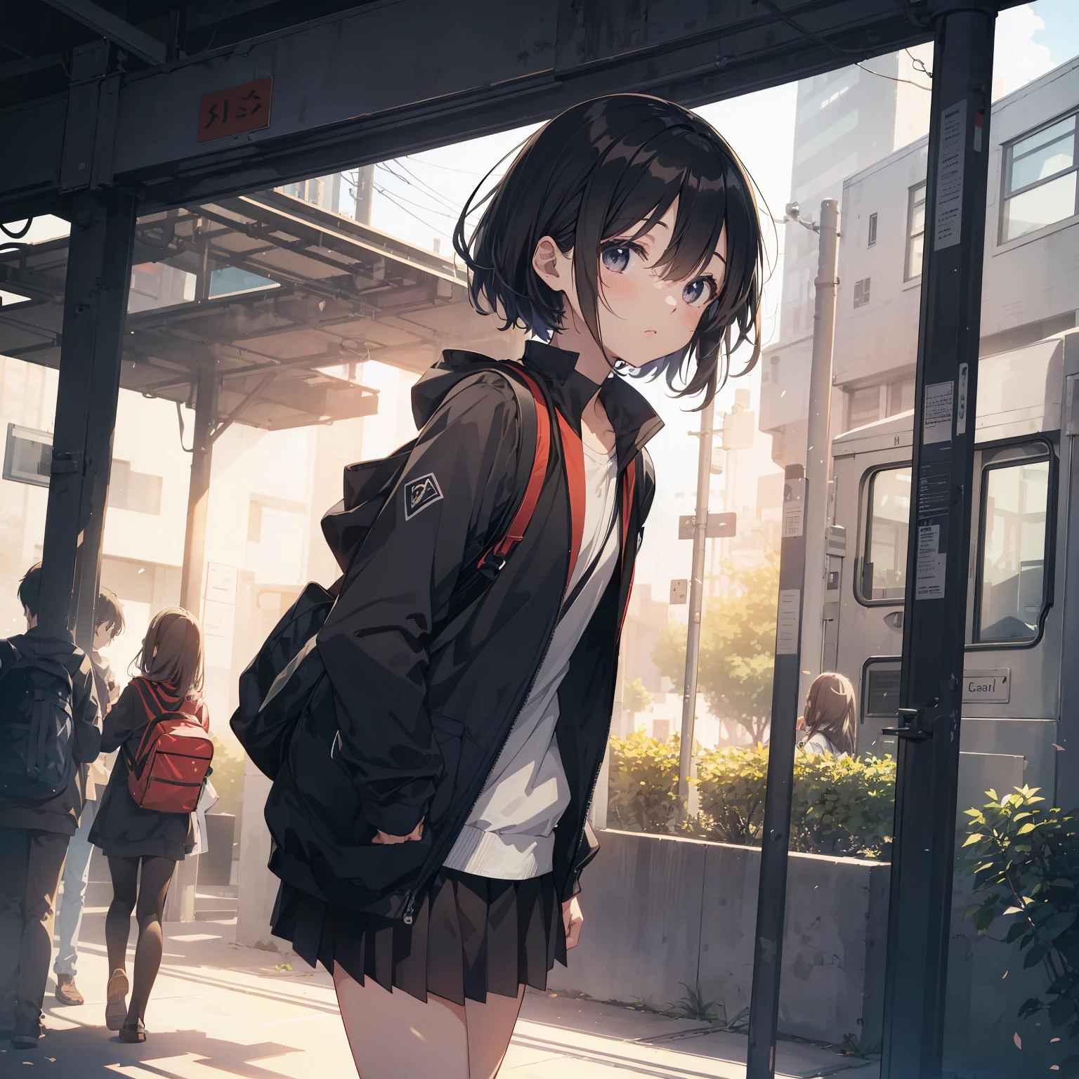 god quality, Extremely detailed, anime moe artstyle,best anime 8k konachan wallpaper,(Please draw a girl walking sleepily to school. :1.3),break, 1girl, (Solo, face, 13-yr-o.5),anior high s complete fingers,(Very Short hair), androgynous charm, flat chest, Small butt, groin, Small eyes,beatiful detailed black eyes, disgusted eyes, school Uniform, in the School commute route. break,8K, 超A high resolution, Official art, Illustration,