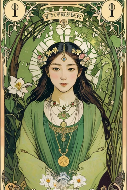 tmasterpiece、topquality、Alphonse Mucha、Jugendstil、
(Tarot card style:1.3)、Unique Tarot Card Structure, including floral and green elements、Upper torso、looking at the viewers、
In the middle of a green garden、The Mysterious Girl 、Dance with Unearthly Creatures。
roses、lily、Cherry treesleaves、moss、vine、Elegant dresses, Inspired by nature、Necklace with flowers and leaves、hair ornaments、Butterflies、bird、bee、Tarot symbols, Reimagined with floral and green ornaments、godesses、Flower Garden、woods、Natural background, like a, For example, shore of the lake、Efficient use of light and shadow、
Realistic & ultra realisic, kindness