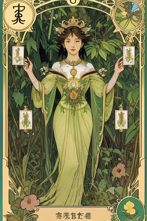 tmasterpiece、topquality、Alphonse Mucha、Jugendstil、
(Tarot card style:1.3)、Unique Tarot Card Structure, including floral and green elements、Upper torso、looking at the viewers、
In the middle of a green garden、The Mysterious Girl 、Dance with Unearthly Creatures。
roses、lily、Cherry treesleaves、moss、vine、Elegant dresses, Inspired by nature、Necklace with flowers and leaves、hair ornaments、Butterflies、bird、bee、Tarot symbols, Reimagined with floral and green ornaments、godesses、Flower Garden、woods、Natural background, like a, For example, shore of the lake、Efficient use of light and shadow、
Realistic & ultra realisic, kindness