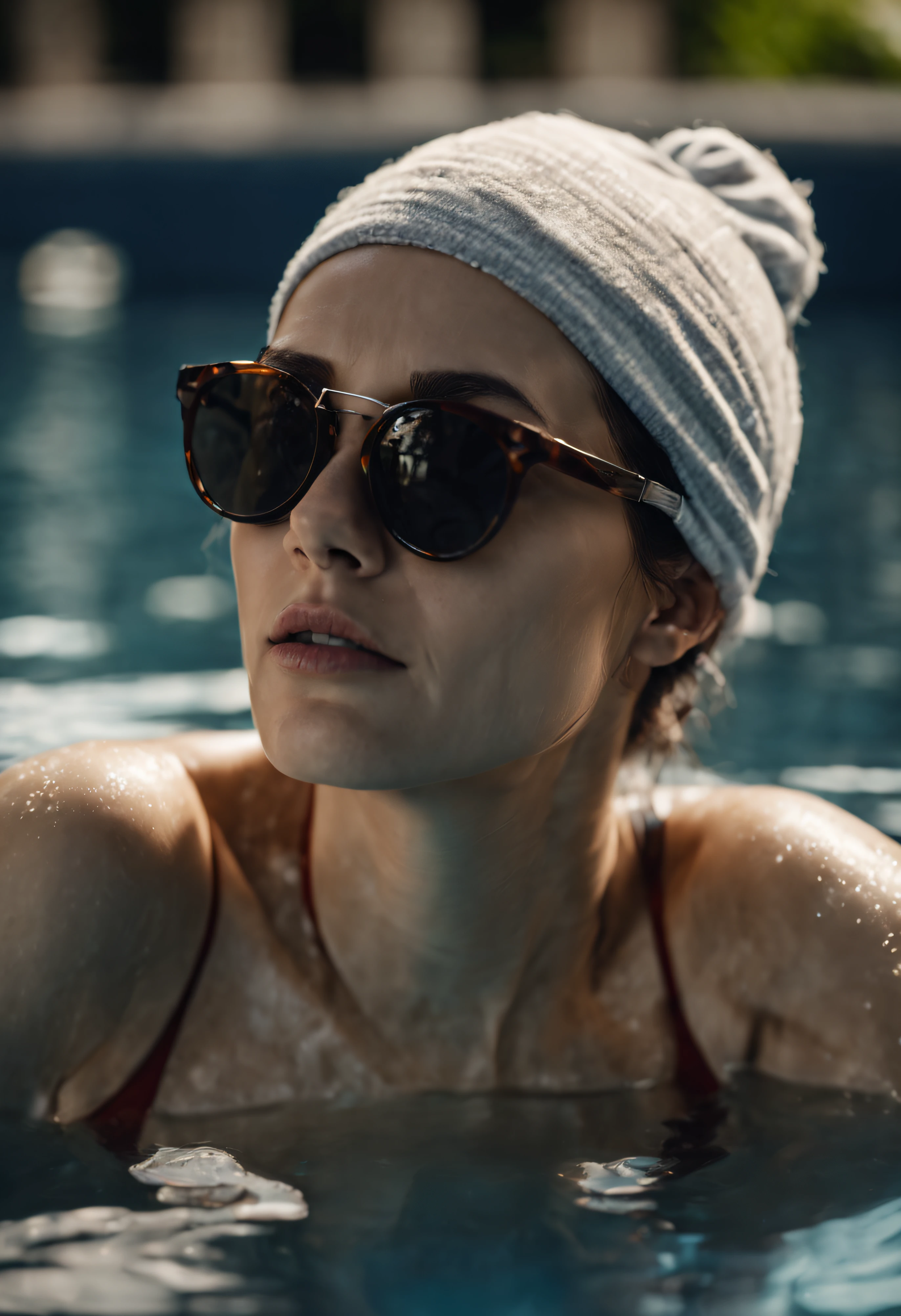photograph close up portrait of a woman with sunglasses bathes in swimming pool, cinematic 4k epic detailed 4k epic detailed photograph shot on kodak detailed bokeh cinematic hbo dark moody