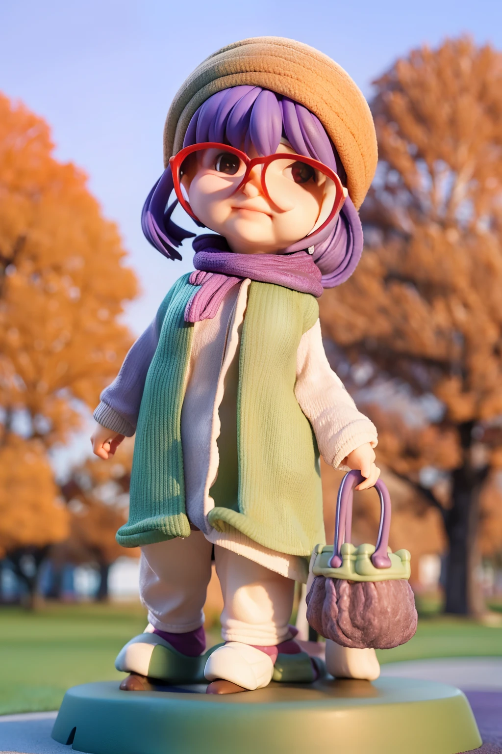 masterpiece, best quality, an old woman with glasses and a scarf on, wearing a purple coat and green scarf, standing at the park