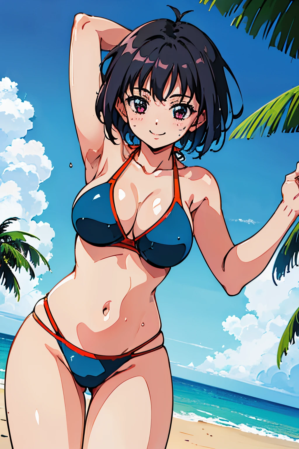 (hightquality、high-level image quality、masutepiece、4K,8K)、The bikini,Gigantic,breasts,Glamour、A sexy、erotick、the beach,(happy smile、wet:1.3)