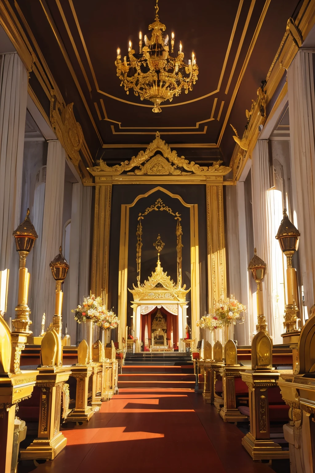 Thai style palace, golden color, wide angle shot