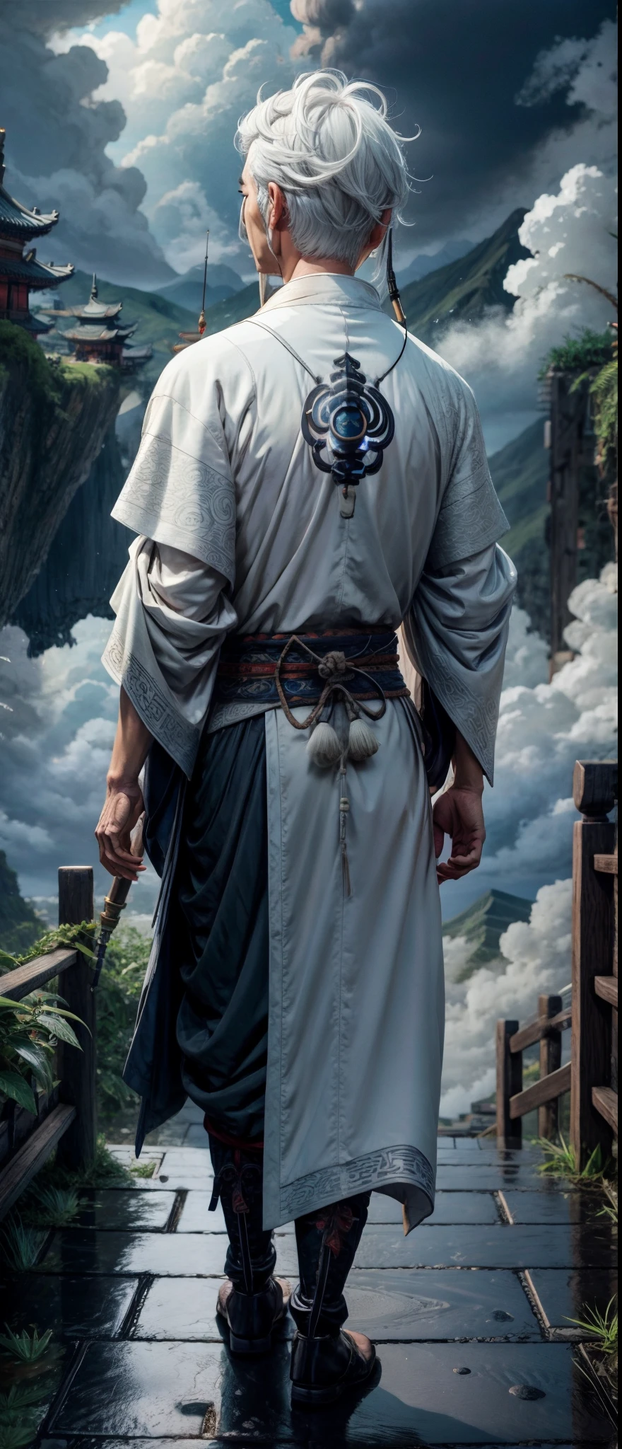 (best quality,masterpiece:1.2,highres,ultra-detailed:0.2), professional lighting, surrounded by clouds, detailed background, shadow from behind, the back view of a man with white hair, dressed in a Daoist robe, lantern, cultivator