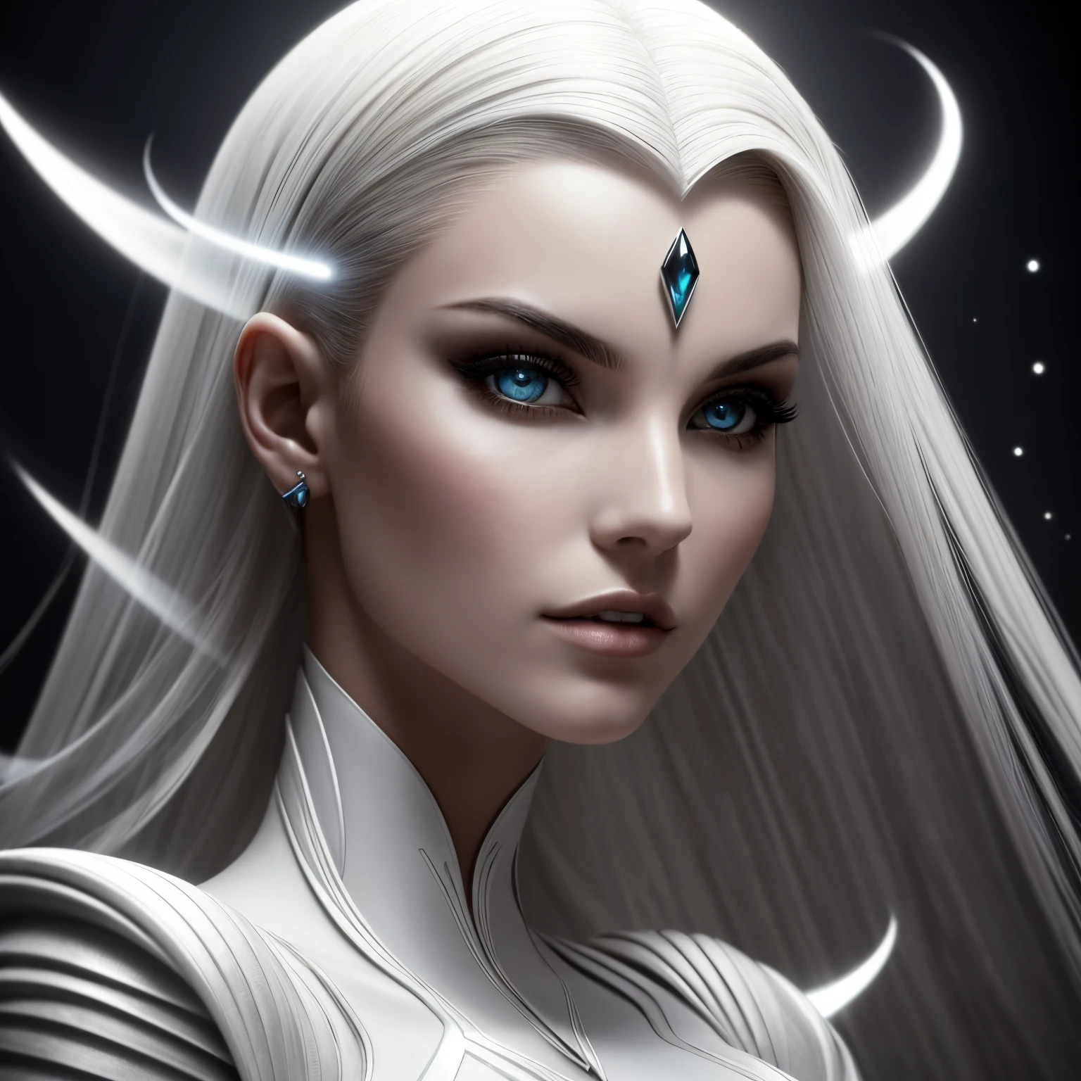 Insanely detailed photograph of a gorgeous vampire alien woman, Renascimento, longos cabelos brancos, intrincados olhos brancos, genial, Ethereal, hiperdetalhado, 32k resolution, dynamic lighting, umbigo coberto, hiper detalhado, intrinsecamente detalhado, trending on ArtStation, terno de luxo branco, Volumetric lighting, BalenciagaStyle