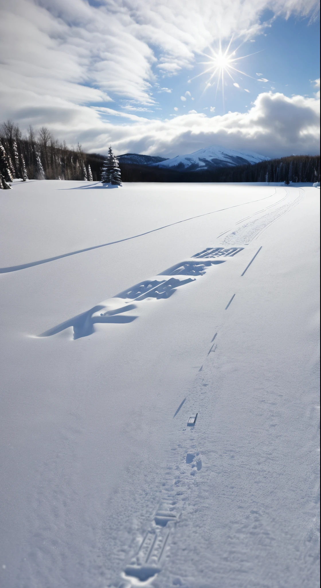 (Super quality:1.4)(tmasterpiece:1.4)(Realistic details:1.4)Snow track has been uploaded,Snow tracks on flat snow