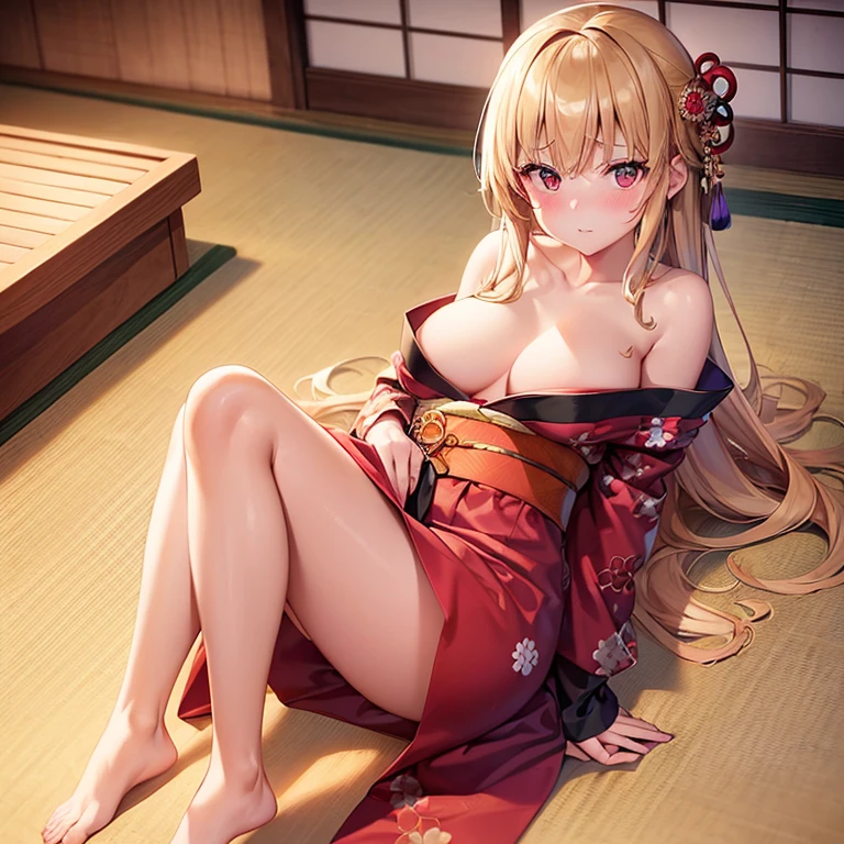 masutepiece) (8K High Resolution) (top-quality) (ultra-definition) (A hyper-realistic) (a beauty girl) (Raw photography) (Photorealsitic) (The most beautiful face) (perfect bodies) (Five Fingers) (9th class) (18year old) (large full breasts) (one girls) (Kimono comes off and bare skin is visible)(traditional Japanese room)(Lying on tatami mats)(Attention to detail)(Japan cute girls)(A look of shame)(red blush)(most attractive configuration)