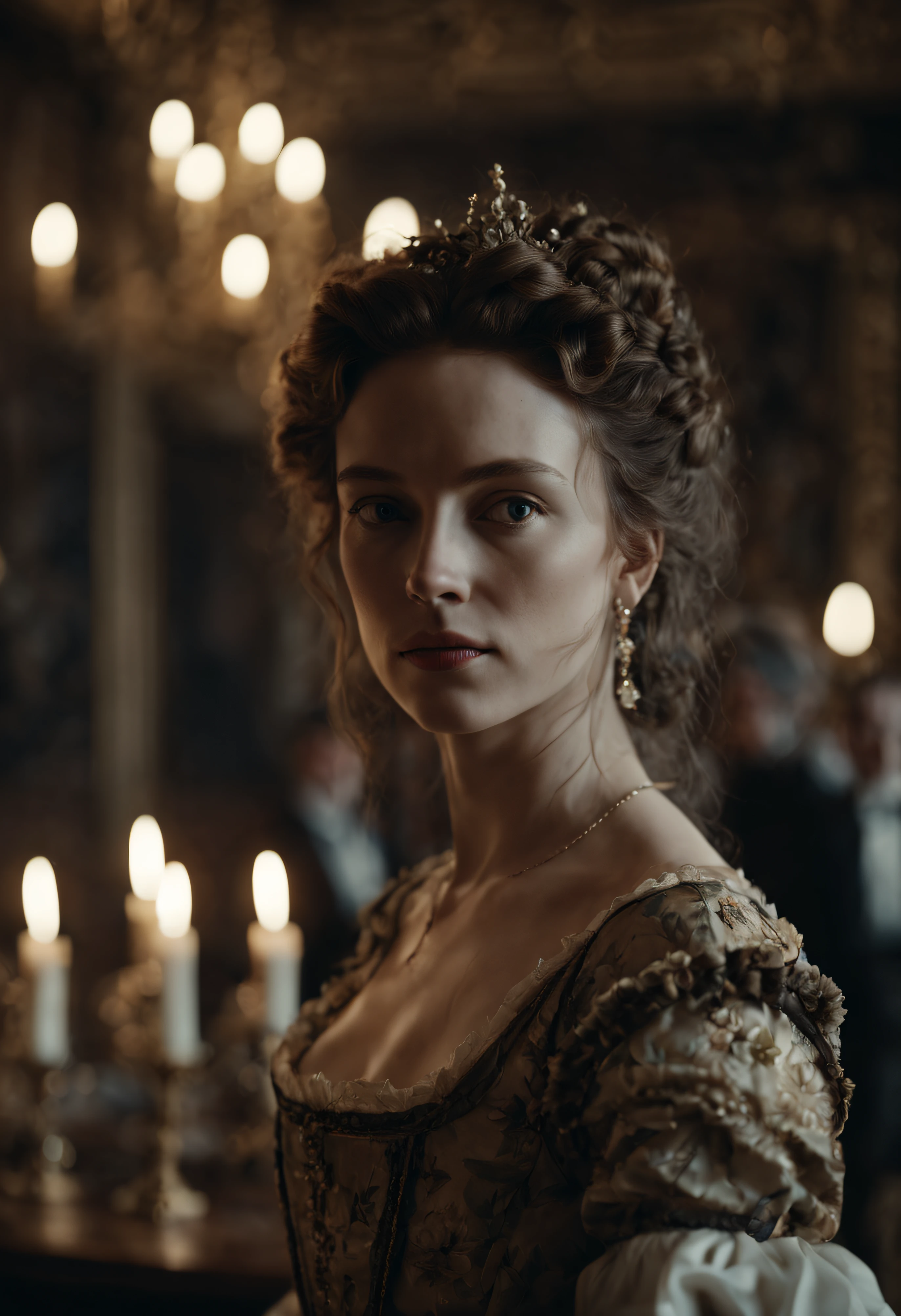 photograph close up portrait of a woman in a ballroom in 17th century, cinematic 4k epic detailed 4k epic detailed photograph shot on kodak detailed bokeh cinematic hbo dark moody