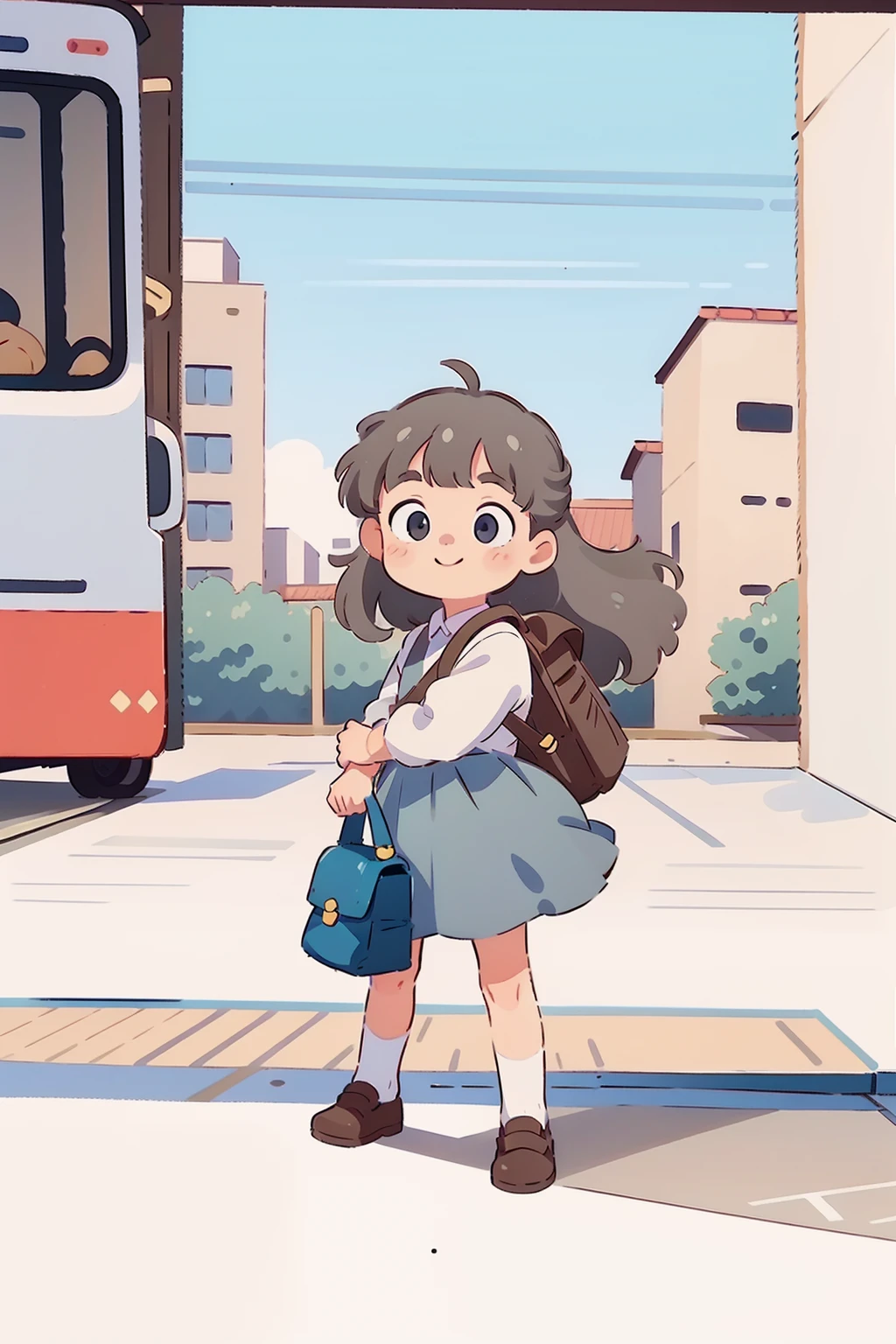 girl, Long gray hair, with a round face, largeeyes, a white long skirt, ssmile, bookbag, The skirt flutters in the wind, A kitten, the street, in a panoramic view, street frontage