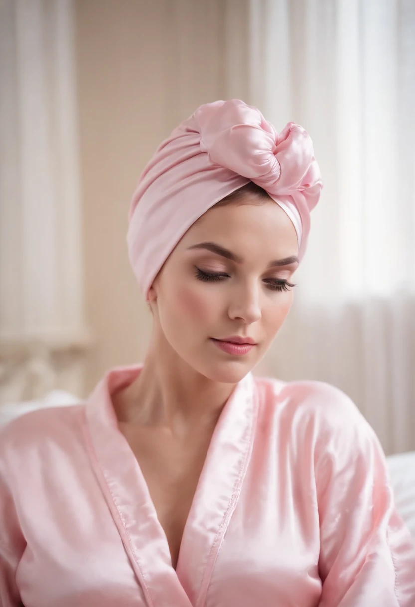 Woman in pink robe sleeping on bed, wearing a luxurious silk robe, Silk turban,silk shower cap