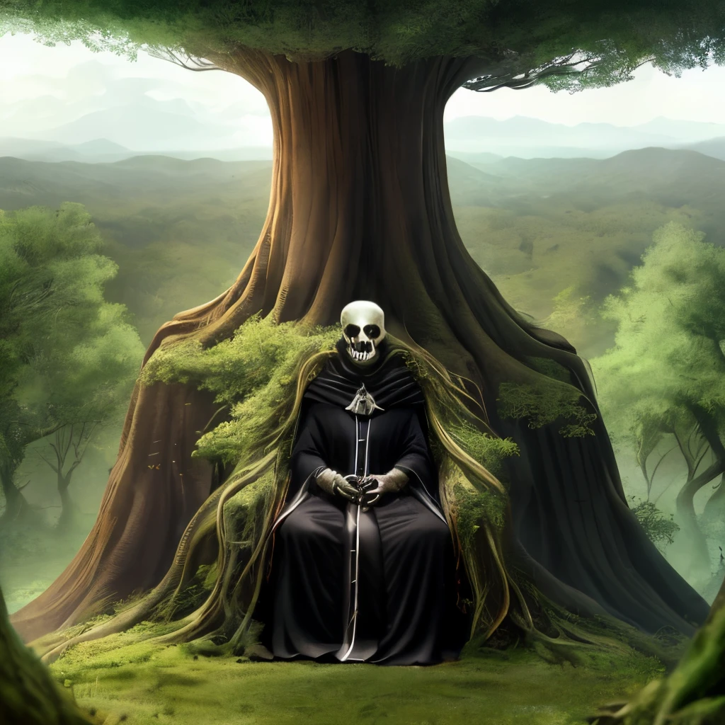 An invisible line divides the general. Above is an extremely huge world tree.,The roots below are wrapped around an inverted skull throne.,A black-robed undead king sits on it