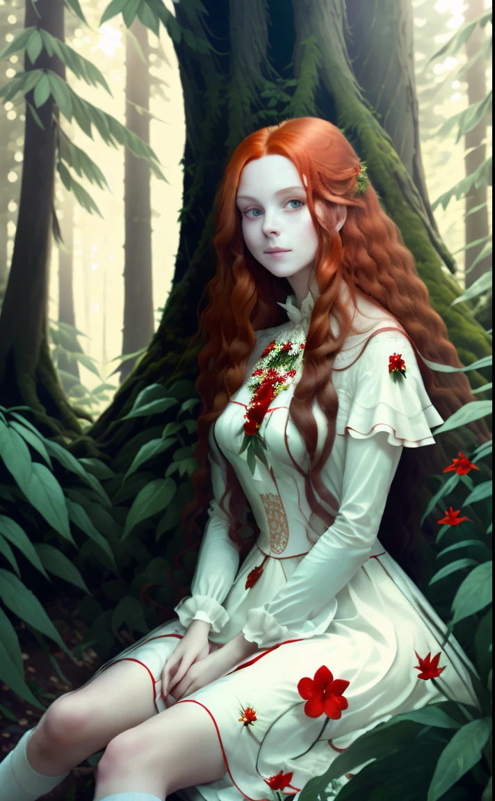 (tmasterpiece, beste-Qualit), 1 girl with long red hair sits in the forest with green plants and flowers, Hand under chin, warm lighting, white red dress, blurry foreground