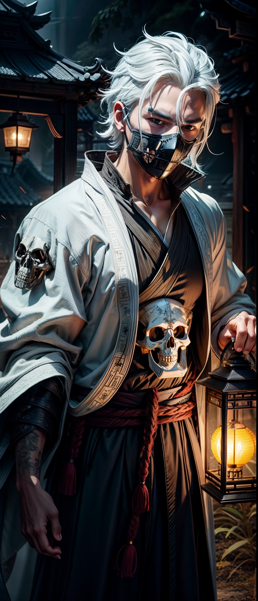 (a masterpiece:1.2,the best quality,high resolution,ultra-detailed:0.2),professional lighting,misty atmosphere,detailed background,shadow in the background,a silhouette of a young man with white hair,wearing a Taoist robe,lantern,a ferocious and brutal farmer,handsome and charming, wearing a skull mask
