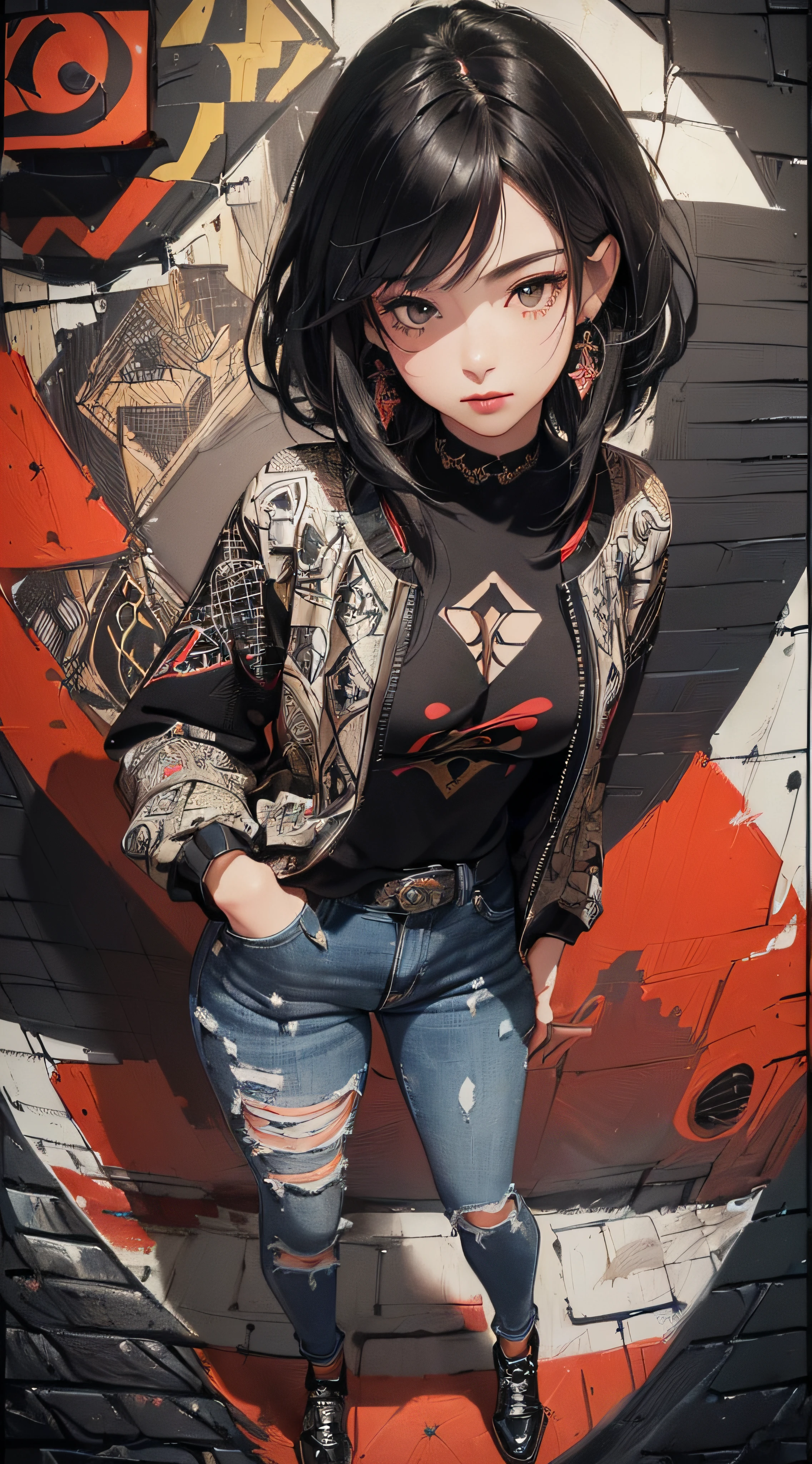 (((8k wallpaper of extremely detailed CG unit:1.2, ​masterpiece, hight resolution:1.2, top-quality:1.2, masutepiece))), ((a very beautiful woman, Hands in pockets:1.8, Grunge Fashion:1.2, Wearing a blouson:1.2, wearing skinny jeans, Wearing shoes)), ((extra detailed face, Highly detailed black eyes, extra detailed body, Top quality real texture skins)), (A dark-haired, length hair, de pele branca, Small:1.2), ((Colorful geometric patterns are painted all over the wall., Colorful wall)), (high-angle:1.2, Fisheye:1.3), hyper realisitic, digitial painting,