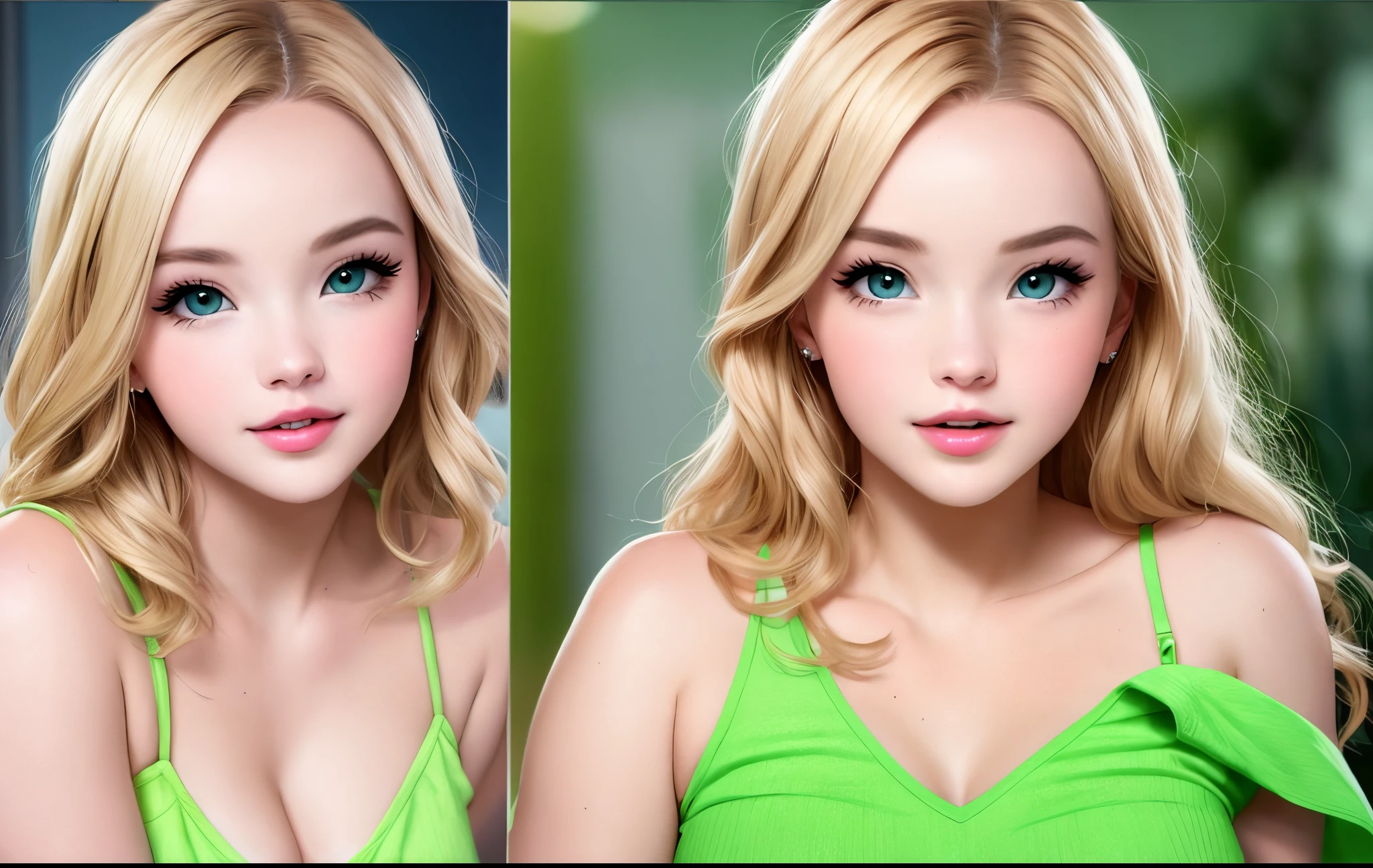 Dove Cameron rubia, con ojos verdes