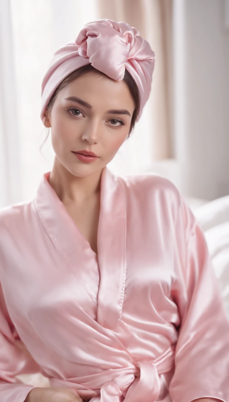 full bodyesbian,Woman in pink robe sleeping on bed, wearing a luxurious silk robe, Silk turban,Silk shower cap with cross,Highly reflective best quality, A high resolution, The content is very detailed, vague background, depth of fields, 电影灯光,
