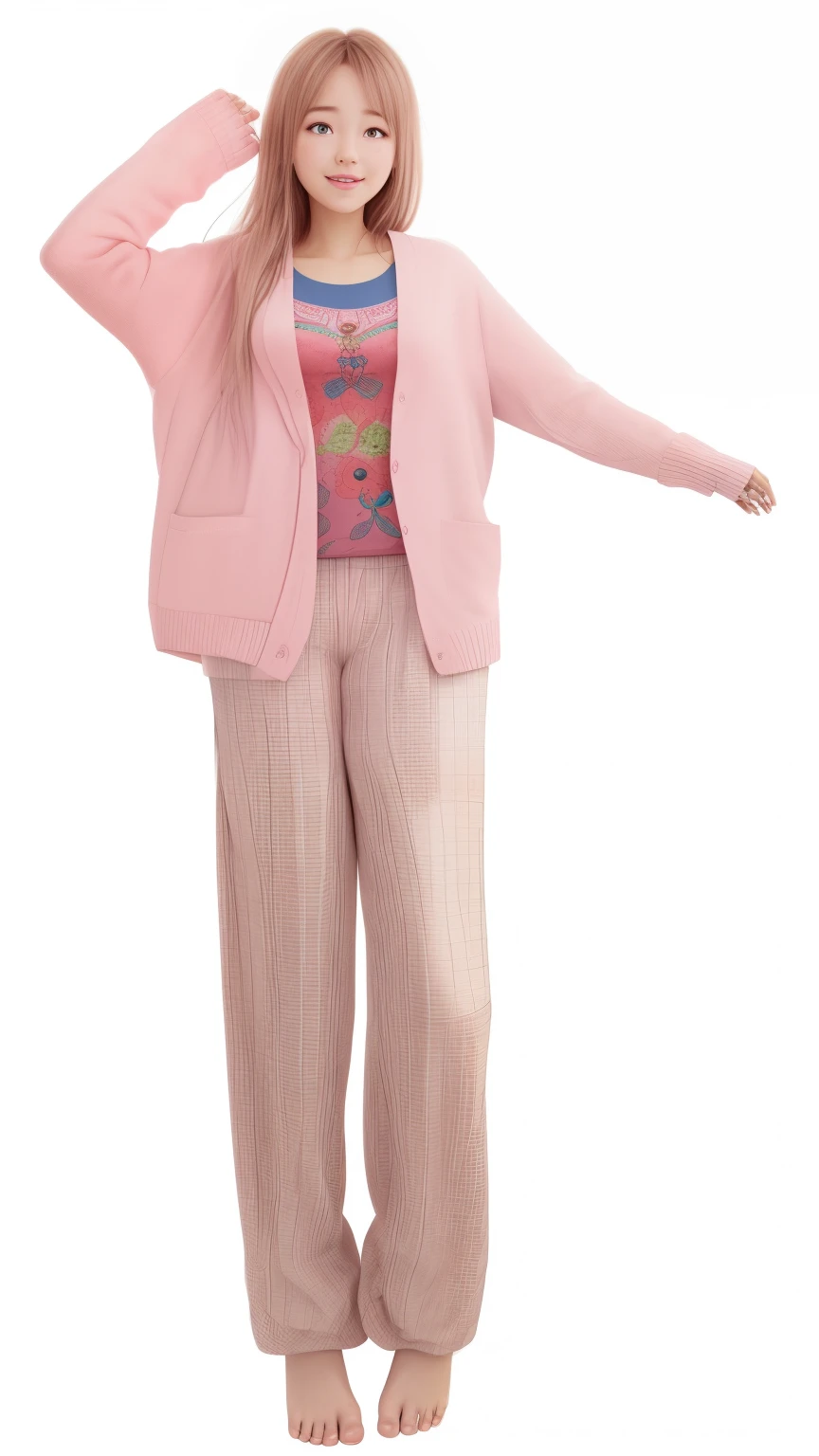 (best quality), big head, Pink Cardigan , Light Brown Hair , Feet , Pjamas Party , happiness, Korean , Stand up , Pretty Girl , UHD , 8K , Realistic Picture , Realistic
