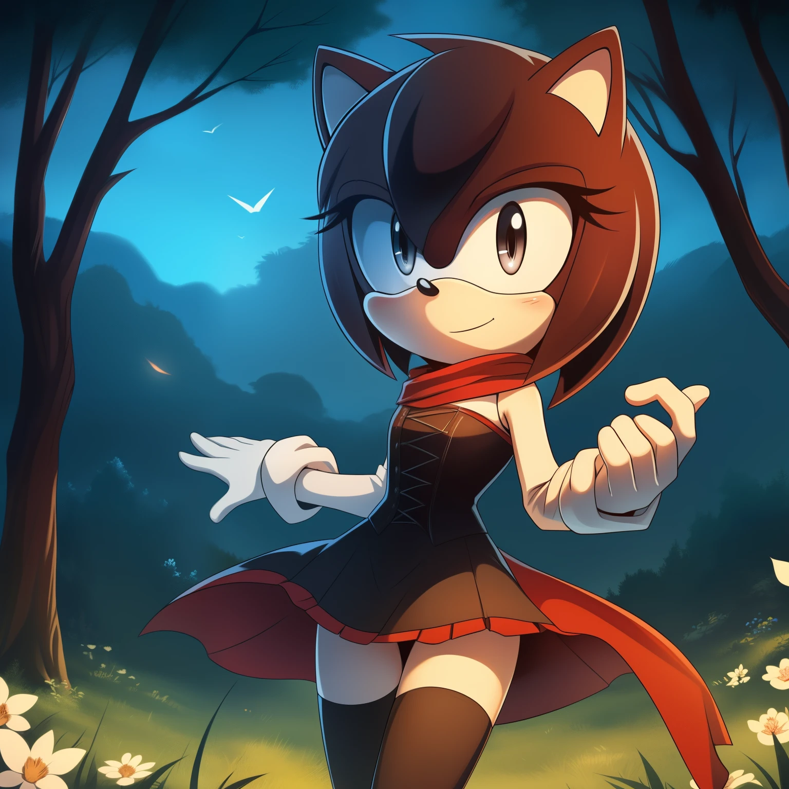 ruby rose, reddish black hair, short hair, mistralrose, dress, corset, red cape, thighhighs, (grey/silver eyes), ((Mobian)), ((Hedgehog)), ((Ruby Rose as a Mobian)), (1girl), (solo), outdoors, night, nature, forest, looking at viewer, (cowboy shot:1.5), ((masterpiece:1.2), best quality, detailed, perfect lighting, (perfect hands), 2D Anime style)