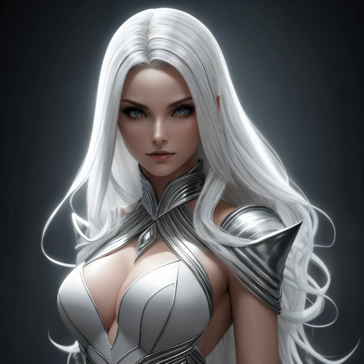Insanely detailed photograph of a gorgeous vampire alien woman, Renascimento, longos cabelos brancos, intrincados olhos brancos, genial, Ethereal, hiperdetalhado, 32k resolution, dynamic lighting, umbigo coberto, hiper detalhado, intrinsecamente detalhado, trending on ArtStation, terno de luxo branco, Volumetric lighting, BalenciagaStyle