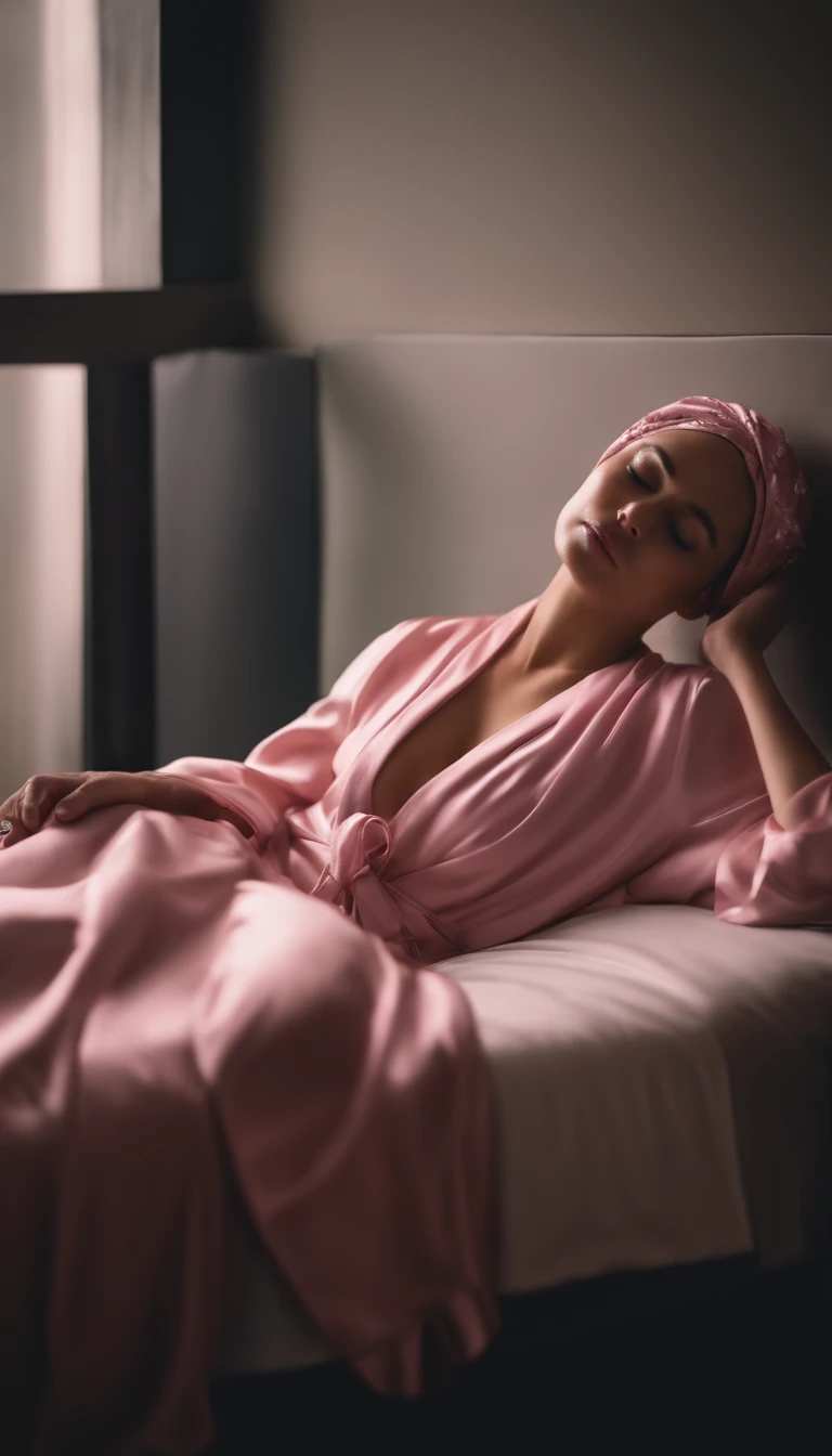full bodyesbian,Woman in pink robe sleeping on bed, wearing a luxurious silk robe, Silk turban,Silk shower cap with cross,Highly reflective best quality, A high resolution, The content is very detailed, vague background, depth of fields, 电影灯光,