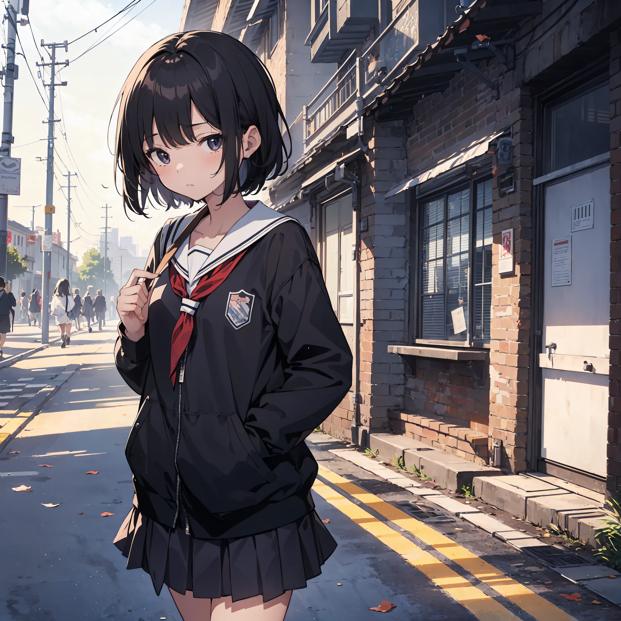 god quality, Extremely detailed, anime moe artstyle,best anime 8k konachan wallpaper,(Please draw a girl walking sleepily to school. :1.3),break, 1girl, (Solo, babyface, 13-year-old:1.5),a junior high school student, Full limbs, complete fingers,(Very Short hair), androgynous charm, flat chest, Small butt, groin, Small eyes,beatiful detailed black eyes, disgusted eyes, school Uniform, in the School commute route. break,8K, 超A high resolution, Official art, Illustration,