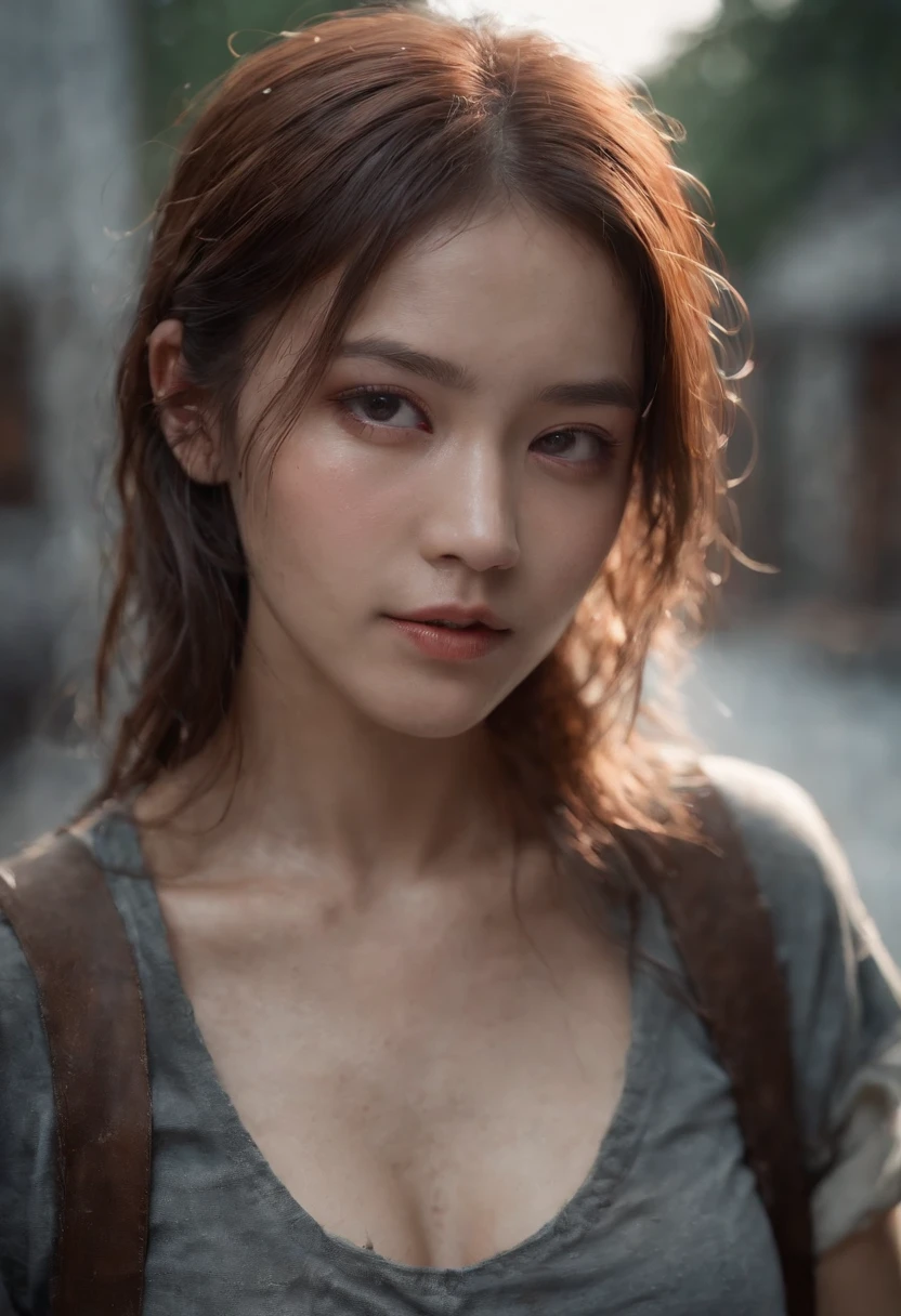 A breathtakingly beautiful girl, Radiant and charming eyes, Cold and intense, Long flowing hair, Sweaty body, Post-apocalyptic punk shirt, Short shorts, boot, Ultra photo realsisim, Realistic, best quality real texture skin, movie atmosphere, Tattered clothes, (Post-apocalyptic punk, Post-apocalyptic fiction), A post-apocalyptic world where buildings collapse, (blood stain), The art of Rei Kurahashi, Haunting and solemn, A beam of light shines through, Illuminate the gloomy environment, (Best quality, Masterpiece, Depth of field, Full-HD, 4K, Richness of detail), Portrait style,Upper body