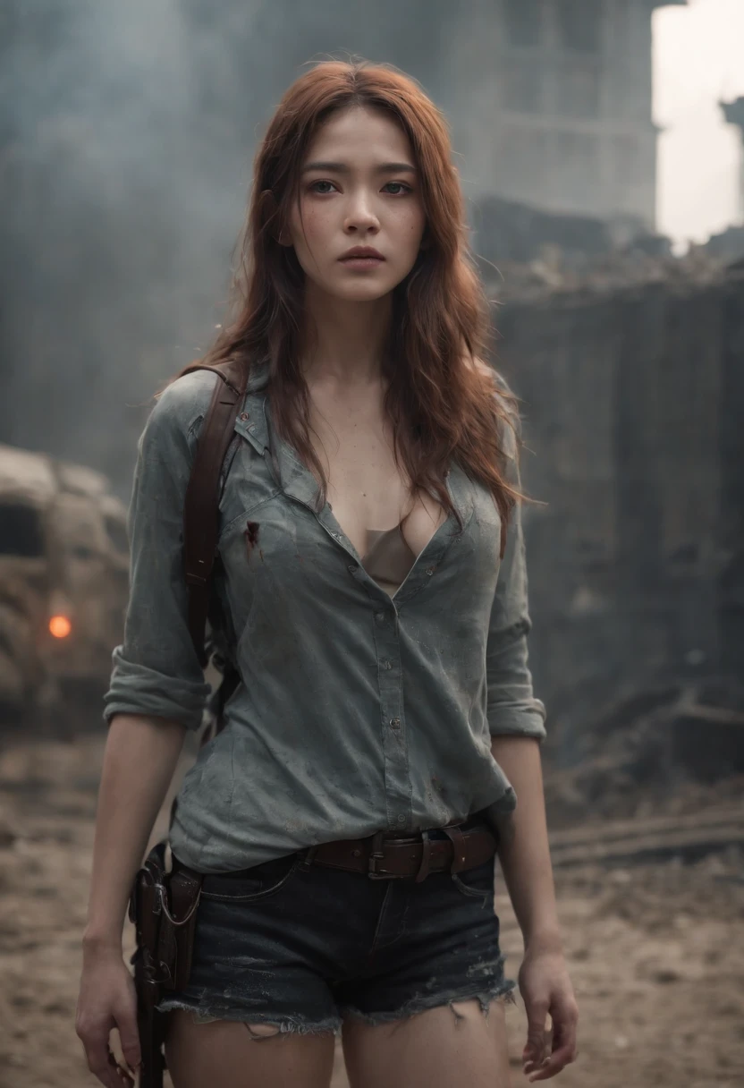 A breathtakingly beautiful girl, Radiant and charming eyes, Cold and intense, Long flowing hair, Sweaty body, Post-apocalyptic punk shirt, Short shorts, boot, Ultra photo realsisim, Realistic, best quality real texture skin, movie atmosphere, Tattered clothes, (Post-apocalyptic punk, Post-apocalyptic fiction), A post-apocalyptic world where buildings collapse, (blood stain), The art of Rei Kurahashi, Haunting and solemn, A beam of light shines through, Illuminate the gloomy environment, (Best quality, Masterpiece, Depth of field, Full-HD, 4K, Richness of detail), Portrait style,Upper body