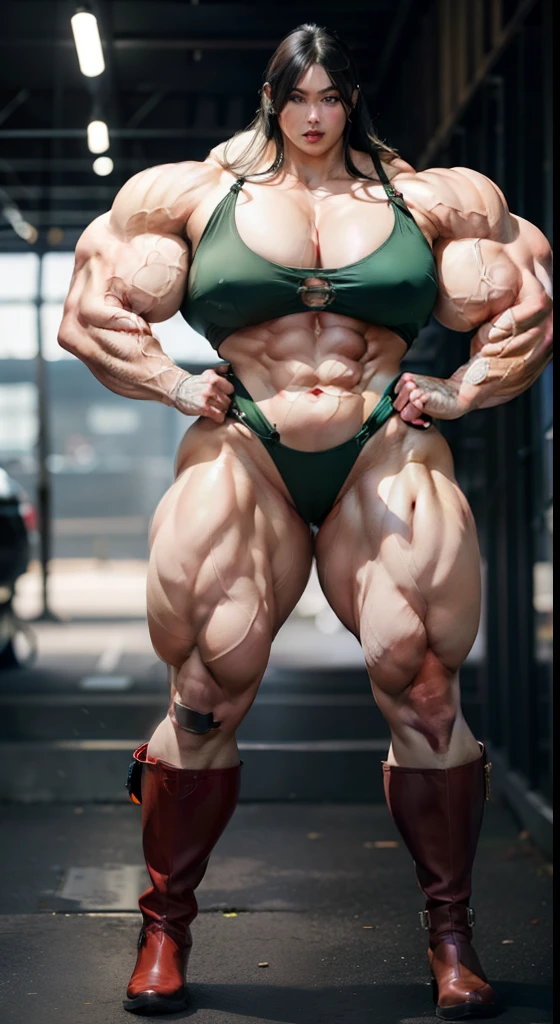 An extremely high, strong and plump woman, Beautiful appearance,Perfect and detailed face,Extremely tall, red eyes, white super long hair,two meters long hair,latex jumpsuit,Have extremely exaggerated big breasts,Big abs,Extremely exaggerated huge thick ass,Extra long thick legs,Extremely exaggerated thick leg muscles,Muscle tissue, (hulking:1.2) style of anime, Lighting, Cute face, It's a perfect face,A pair of latex booties,Full body photo。