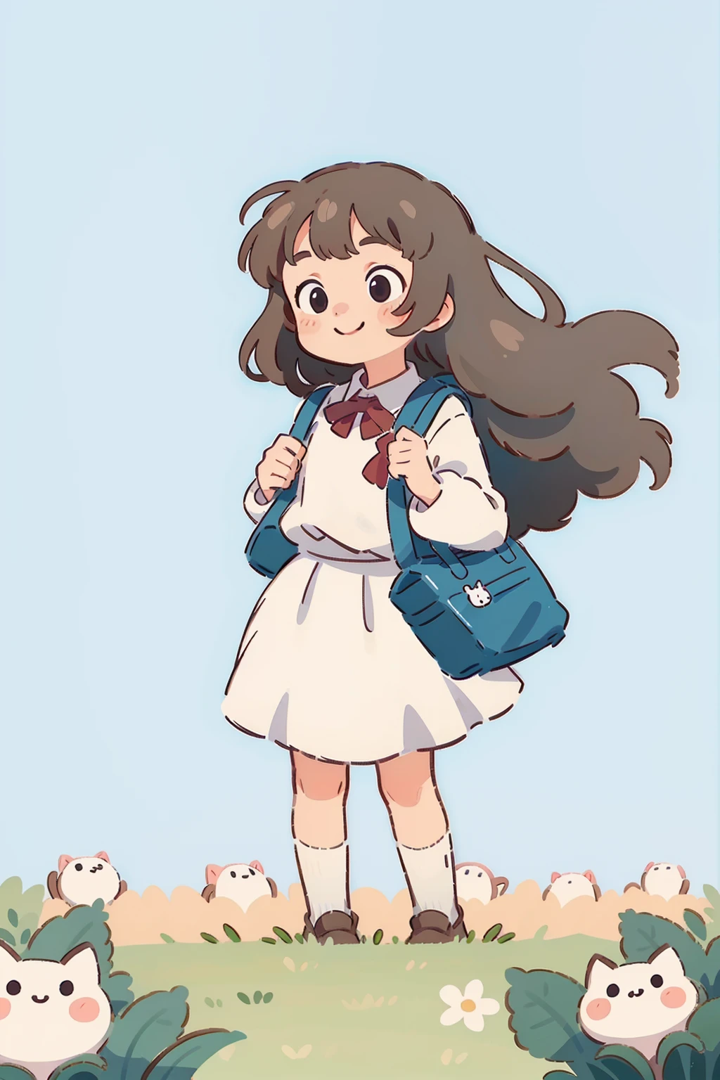 Girl, long hair, round face, big eyes, long white skirt, smile, schoolbag, skirt blowing in the wind, a cat, spring, Panorama, front