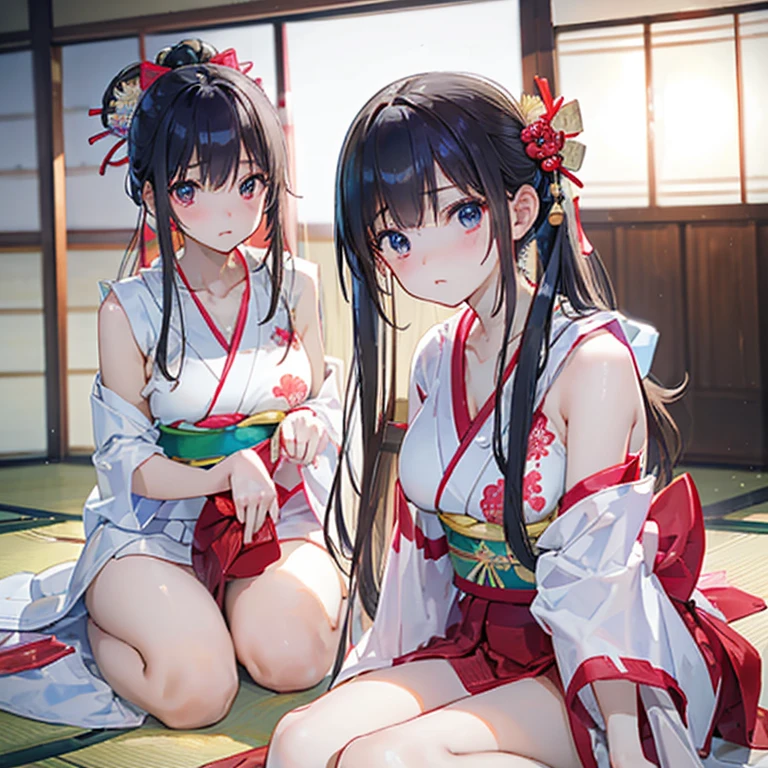 Black long hair、Deep blue eyes、woman、美しいwoman、Large Breasts、red and white shrine maiden clothes、A shrine maiden outfit that shows off her cleavage、Shrine Background、Outdoor、During sexual intercourse、On the bed、orgasm、Shrine maiden costume with hidden curves(100-60-78cm)