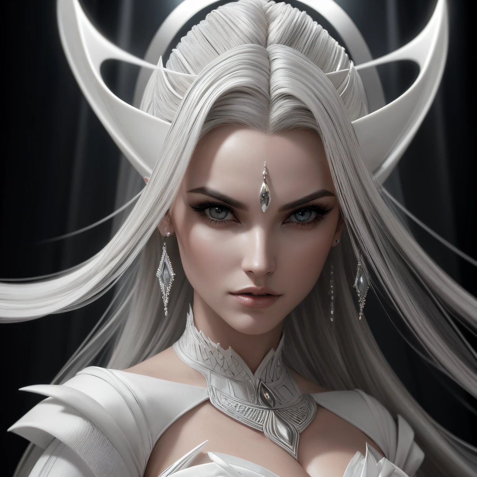 Insanely detailed photograph of a gorgeous vampire alien woman, Renascimento, longos cabelos brancos, intrincados olhos brancos, genial, Ethereal, hiperdetalhado, 32k resolution, dynamic lighting, umbigo coberto, hiper detalhado, intrinsecamente detalhado, trending on ArtStation, terno de luxo branco, Volumetric lighting, BalenciagaStyle