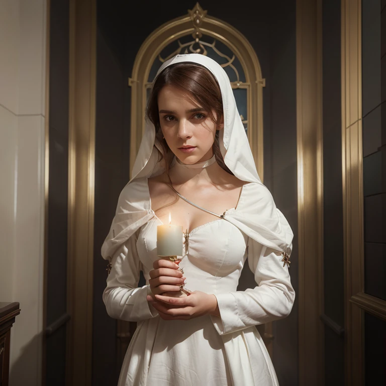 arafed image of a woman in a white dress holding a candle, art tom bagshaw, karol bak and peter mohrbacher, michael hussar, tom bagshaw donato giancola, artstyle tom bagshaw, karol bak of emma watson nun, tom bagshaw portrait, craig mullins alphonse mucha, by Tom Bagshaw