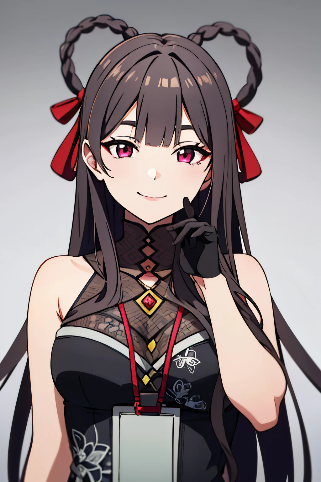 YANDEF, HAIR RINGS, HAIR RIBBON, CHINA DRESS, BLACK GLOVES, HALF GLOVES, long hair, 1girl, solo, upper body, facing viewer, looking at viewer, smile,