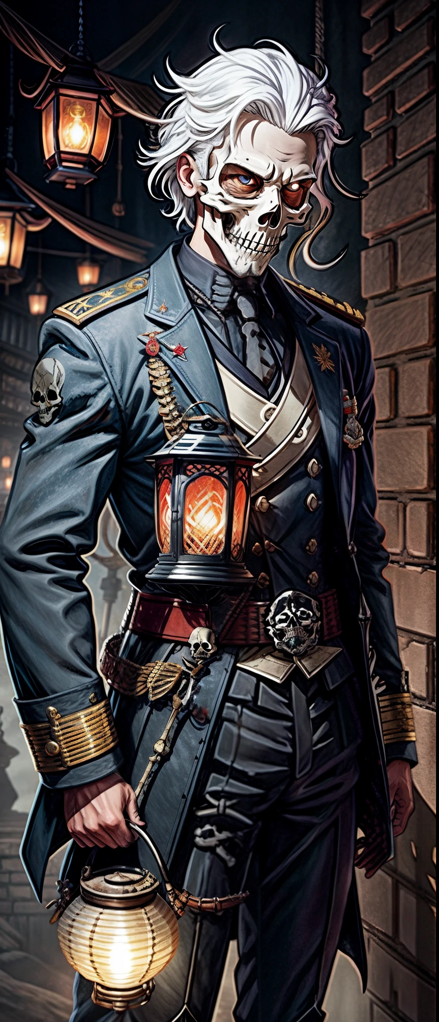 (tmasterpiece:1.2,Best quality,A high resolution,ultra - detailed:0.2),profesional lighting,hazy atmosphere,detailedbackground,shadows in background,Silhouette of a young man with white hair,Wearing a skeleton military uniform,lanterns,The ferocious farmer,Handsome and charming, Wearing a skeleton mask